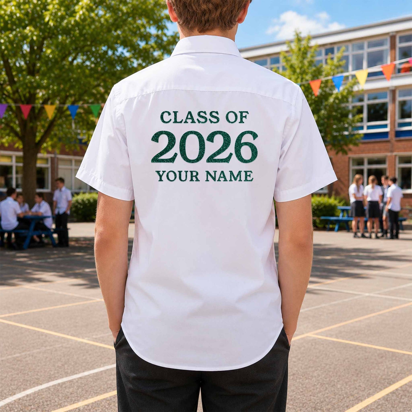 School leavers shirt with custom iron-on "Class of 2026" design in emerald glitter on the back.