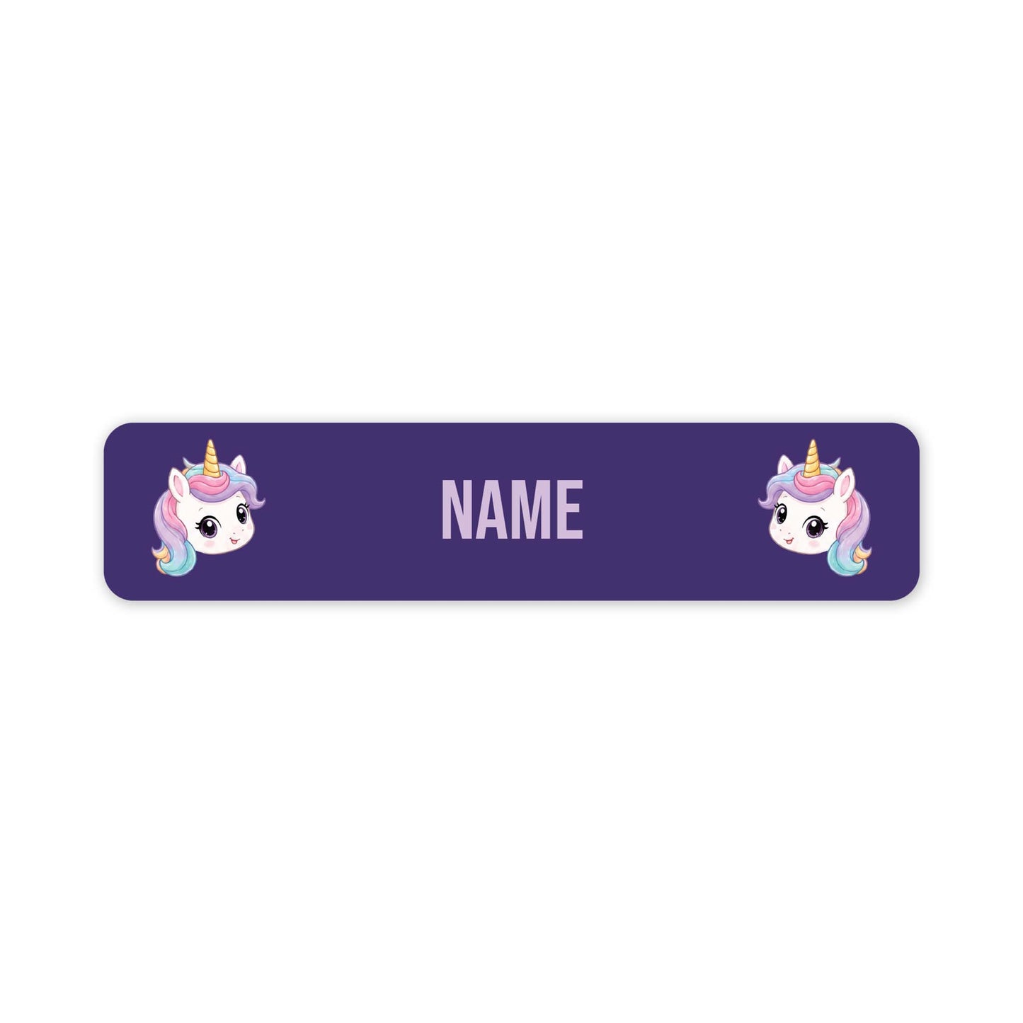 A purple rectangular name tag with rounded corners, featuring two cartoon unicorn illustrations on the left and right sides and the word 'NAME' in the center for personalization.