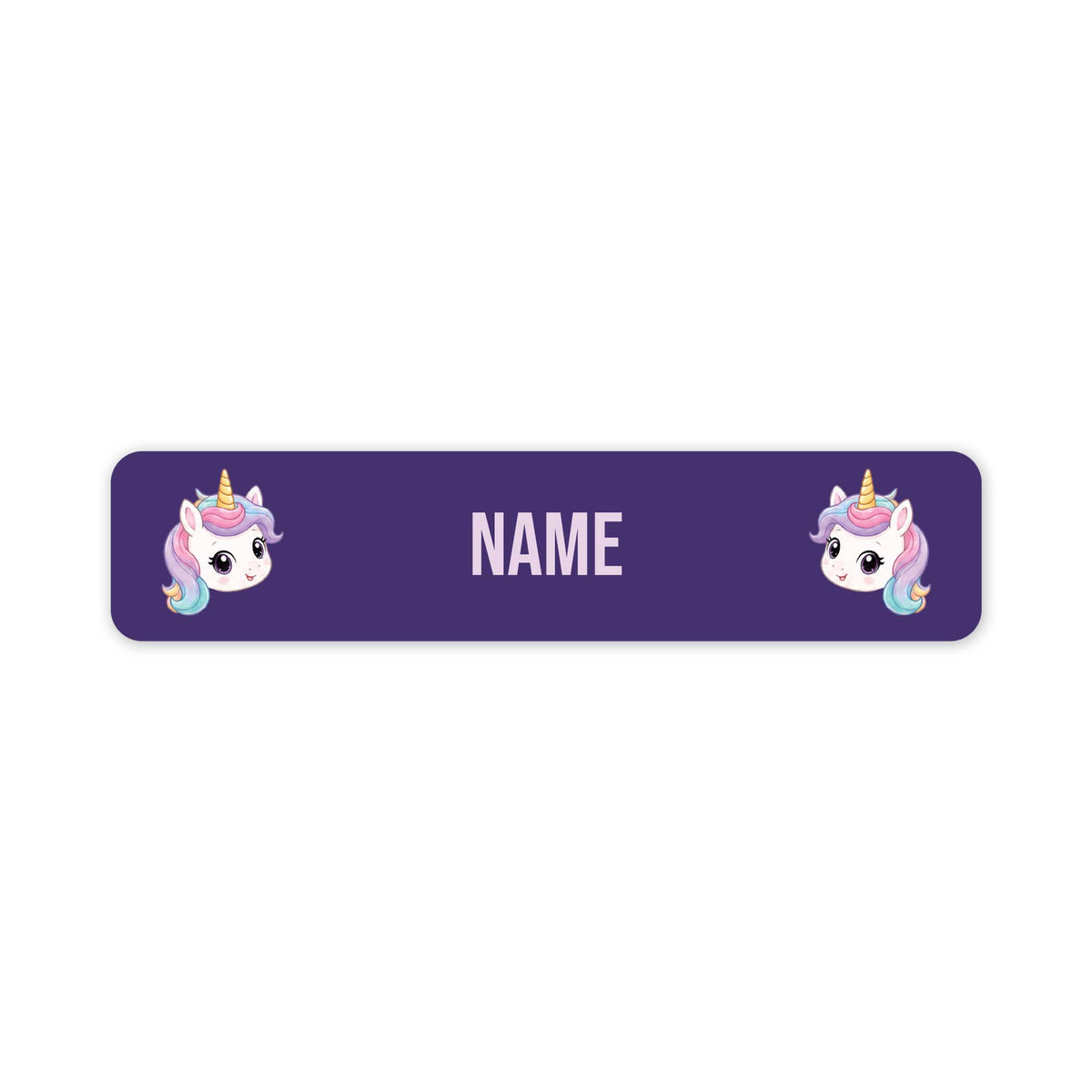 A purple rectangular name tag with rounded corners, featuring two cartoon unicorn illustrations on the left and right sides and the word 'NAME' in the center for personalization.