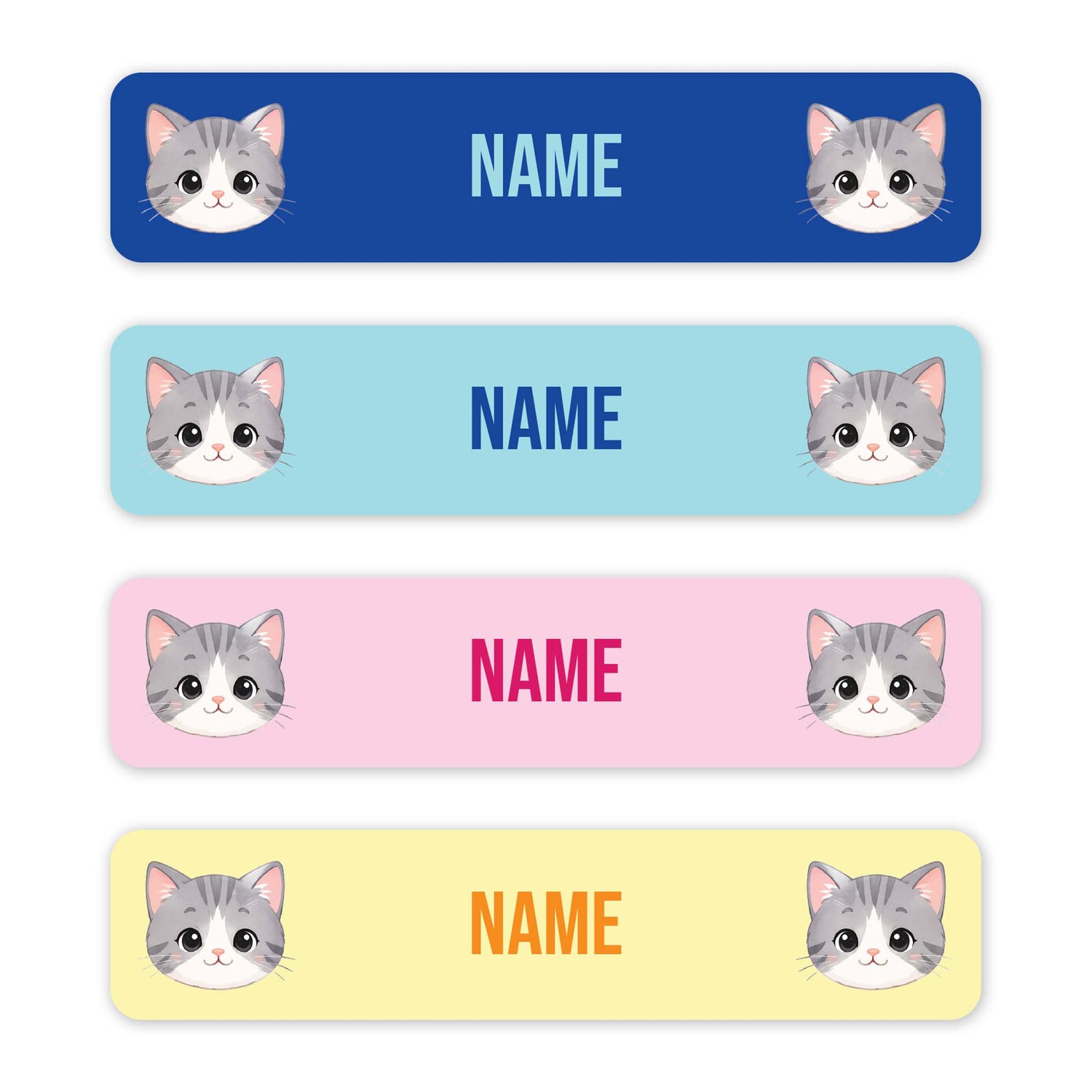 Four horizontal rectangular labels with rounded corners on a white background. Each label has a different pastel color: dark blue, light blue, pink, and pale yellow.