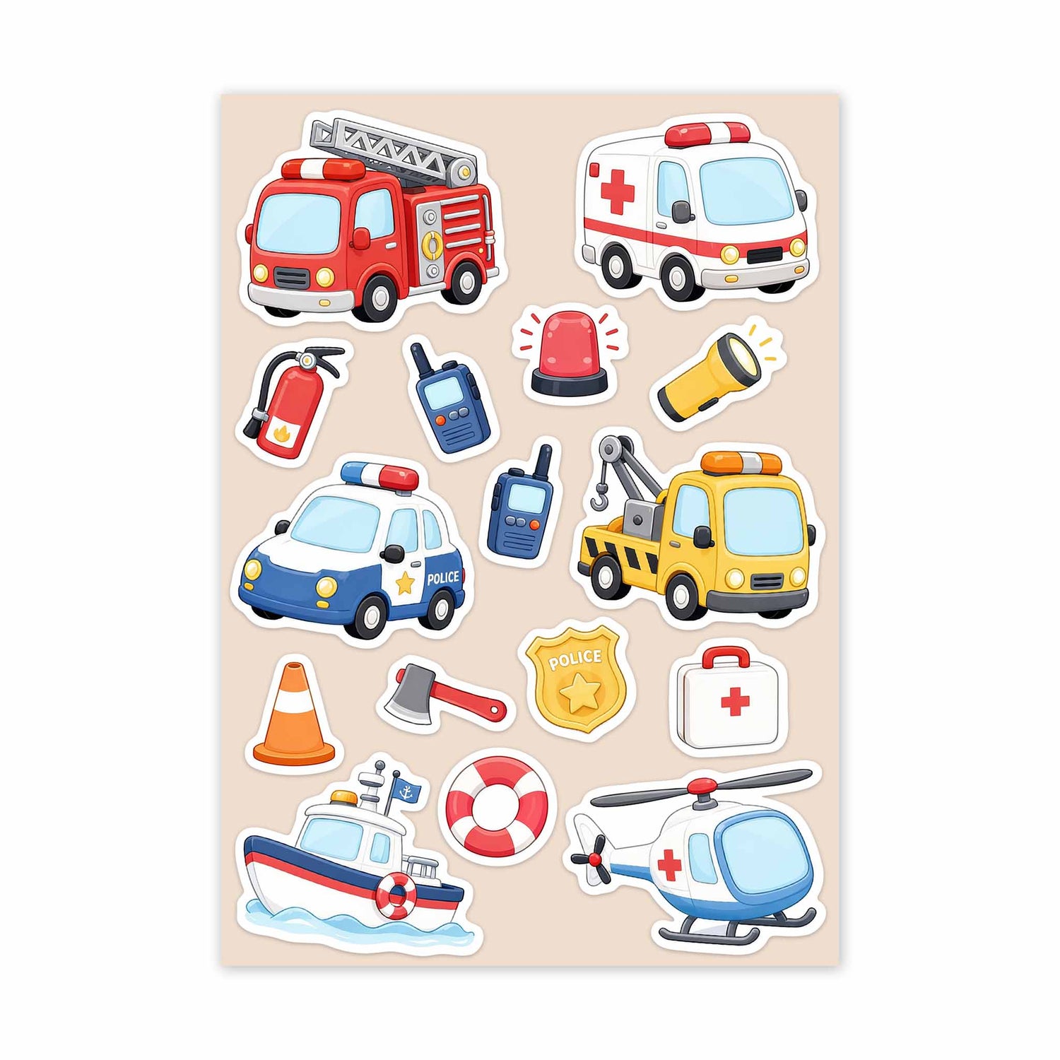 Collection of colorful stickers featuring emergency vehicles on a beige background