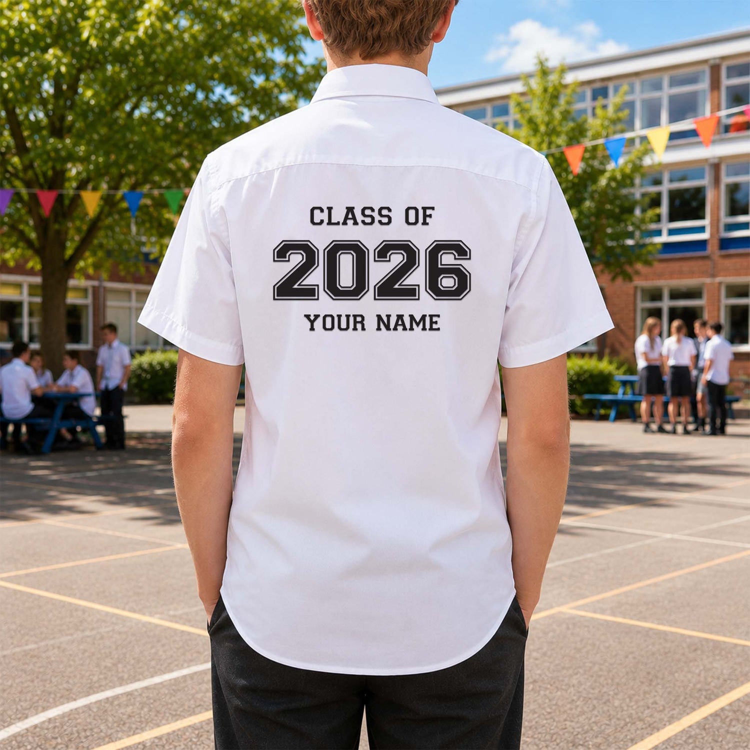 School leavers shirt with custom iron-on "Class of 2026" design in black on the back.