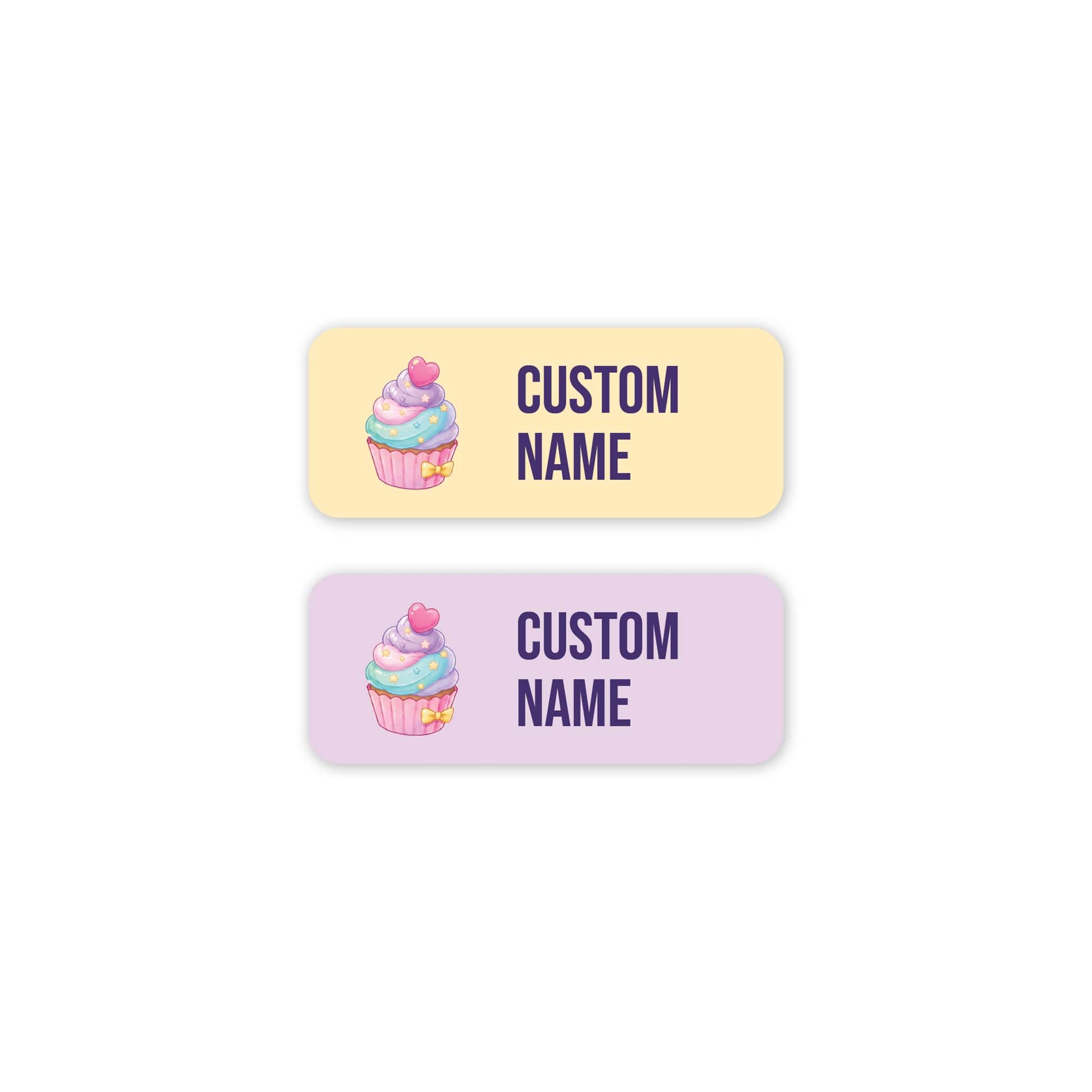 Two rectangular custom labels with rounded corners on a white background. The top label is pale yellow and the bottom is pale lavender, both featuring a small cupcake illustration on the left and the text 'CUSTOM NAME' on the right.
