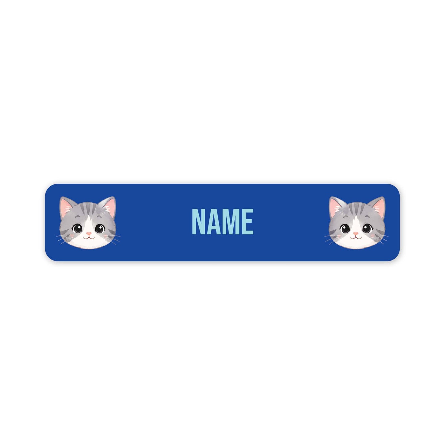 A blue rectangular name tag with rounded corners, featuring two cartoon gray-and-white cat faces at the left and right edges and the word 'NAME' in light blue in the centre, shown on a white background.
