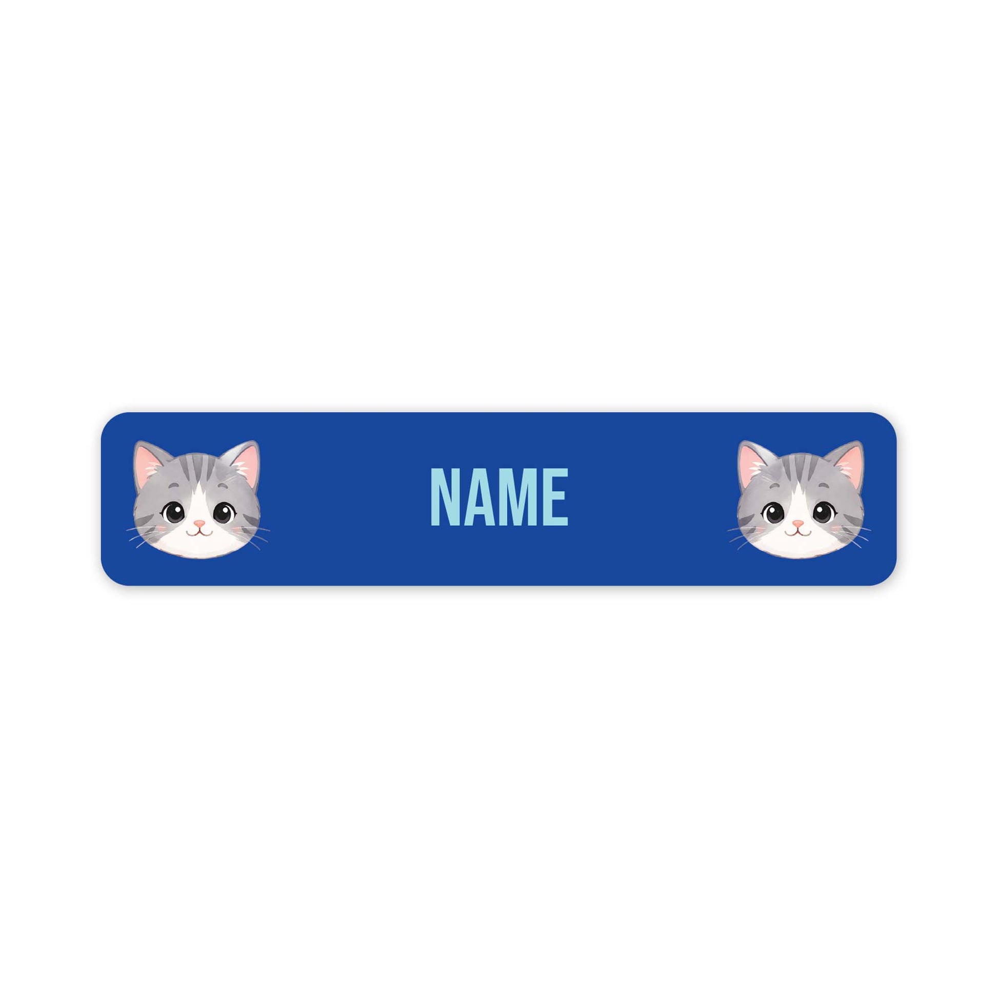 A blue rectangular name tag with rounded corners, featuring two cartoon gray-and-white cat faces at the left and right edges and the word 'NAME' in light blue in the centre, shown on a white background.