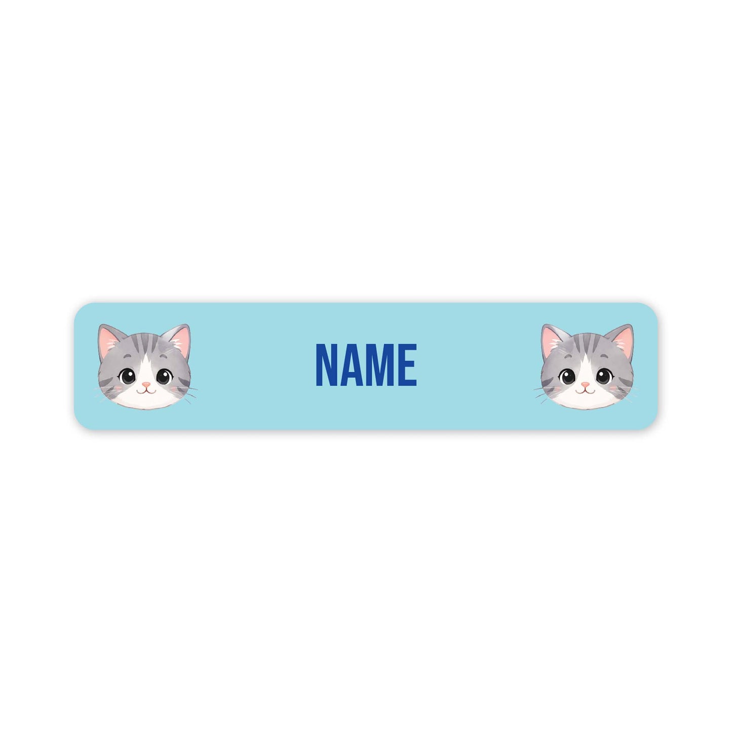 A horizontal light blue personalised name label with rounded corners, featuring two cartoon gray-and-white cat faces at the ends and the word 'NAME' in blue in the centre.