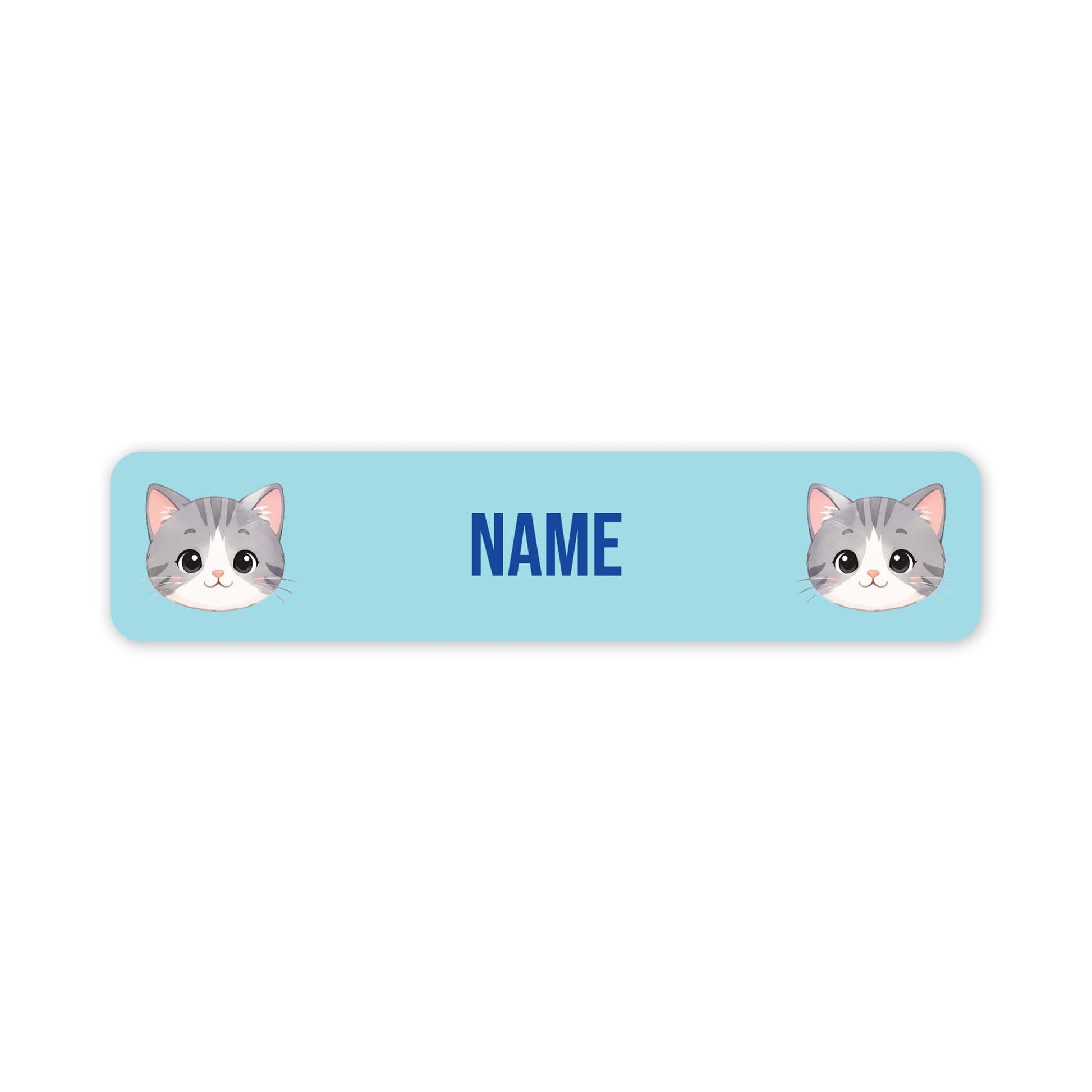 A horizontal light blue personalised name label with rounded corners, featuring two cartoon gray-and-white cat faces at the ends and the word 'NAME' in blue in the centre.