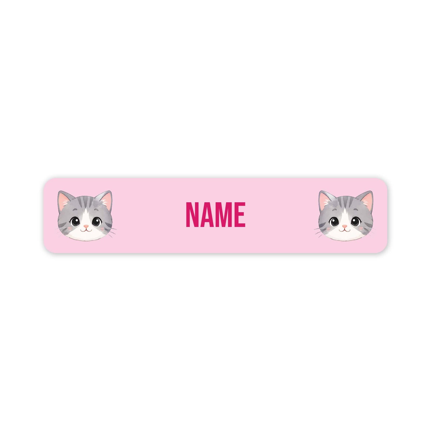 A pink rectangular label with rounded corners, featuring two cartoon gray-and-white cat faces at the left and right edges and the word 'NAME' in pink in the centre, shown on a white background.