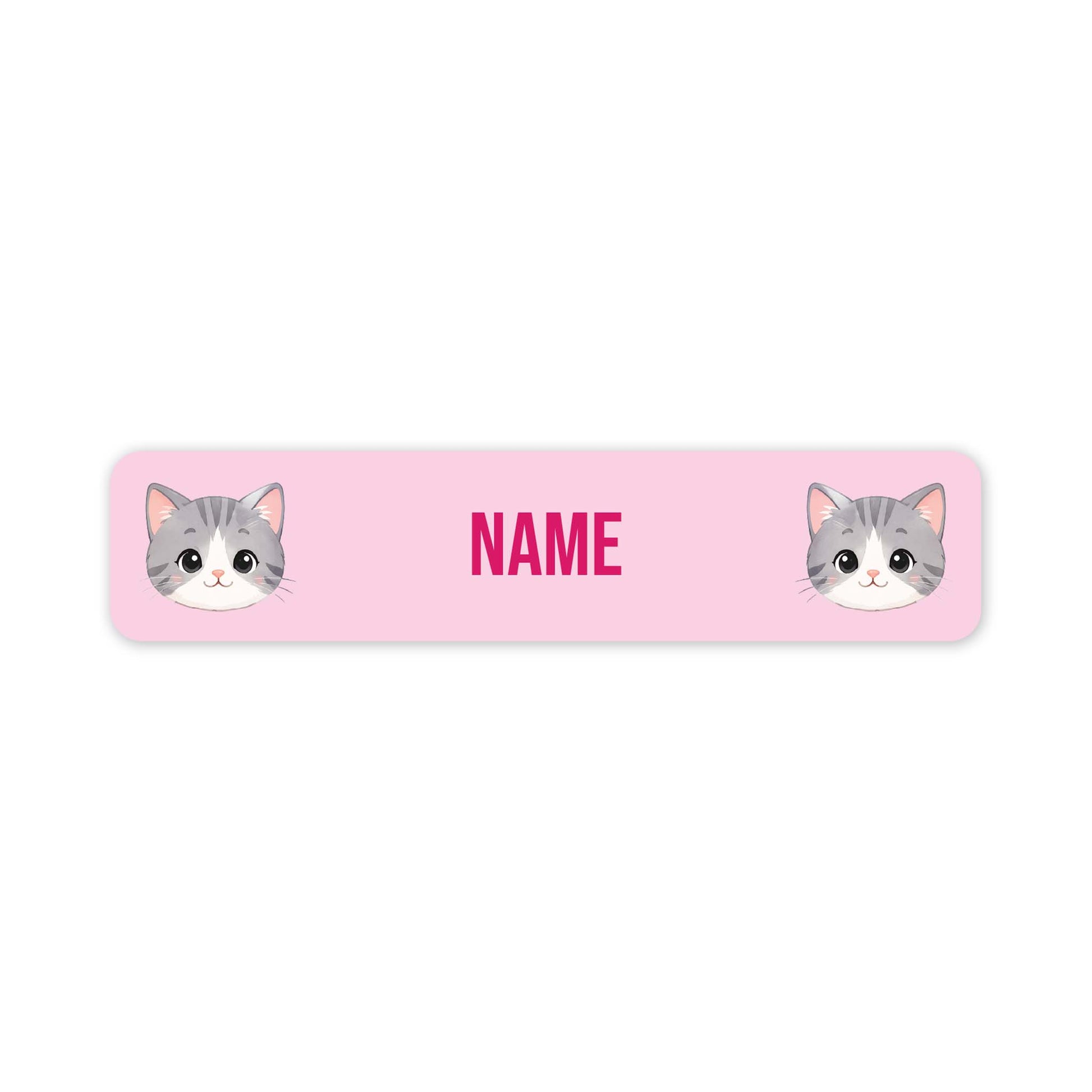 A pink rectangular label with rounded corners, featuring two cartoon gray-and-white cat faces at the left and right edges and the word 'NAME' in pink in the centre, shown on a white background.