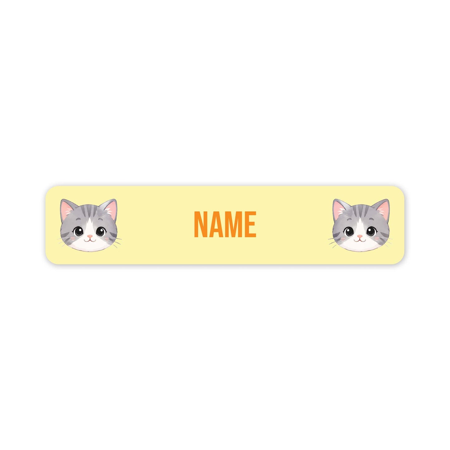 A rectangular pale yellow name tag with rounded corners, featuring two cartoon gray-and-white cat faces at the left and right edges and the word "NAME" in orange in the centre, shown on a white background.