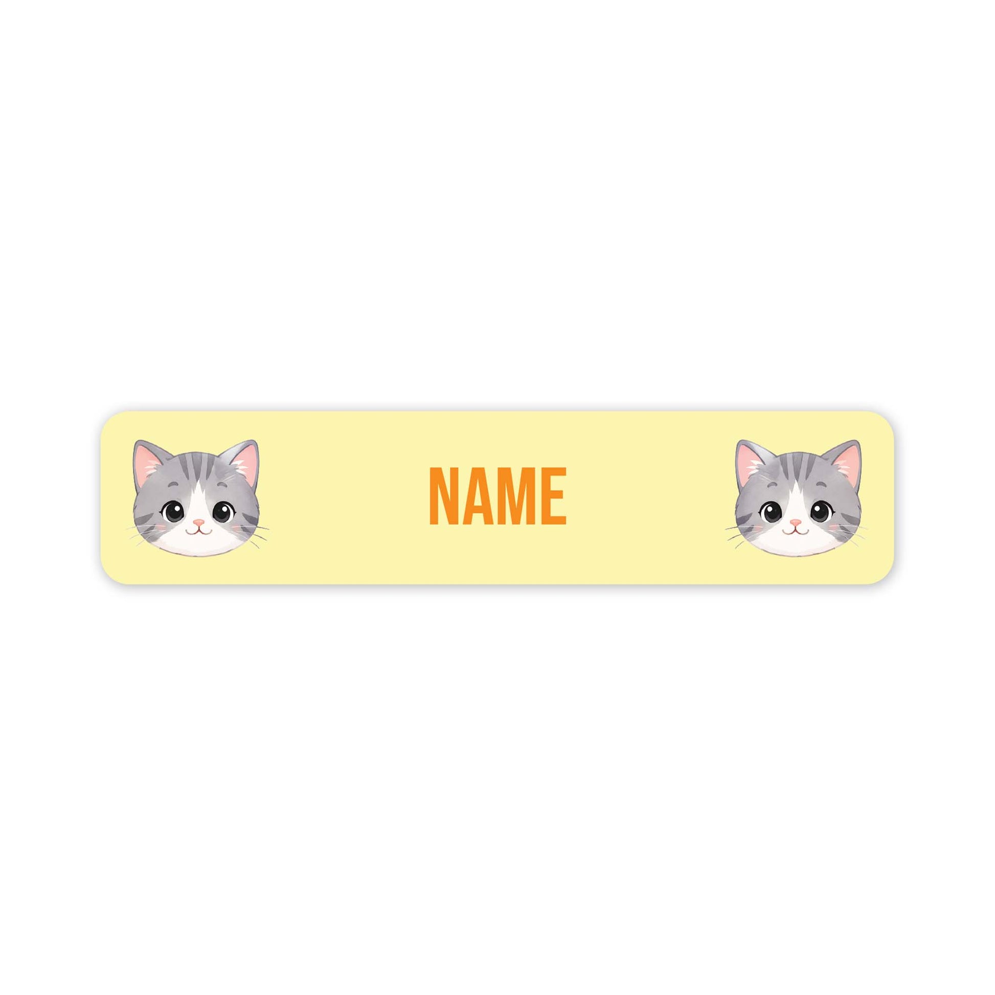 A rectangular pale yellow name tag with rounded corners, featuring two cartoon gray-and-white cat faces at the left and right edges and the word "NAME" in orange in the centre, shown on a white background.