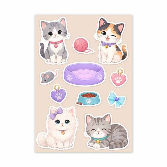 Sheet of cat-themed stickers with various designs on a beige background