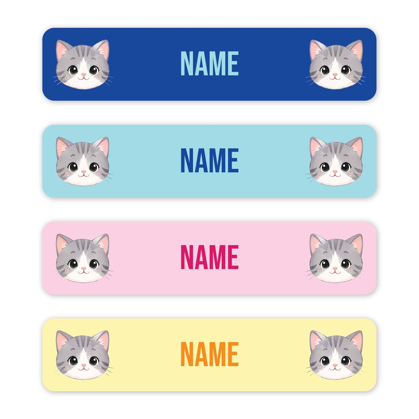 Four horizontal rectangular labels with rounded corners on a white background. Each label has a different pastel color: dark blue, light blue, pink, and pale yellow.