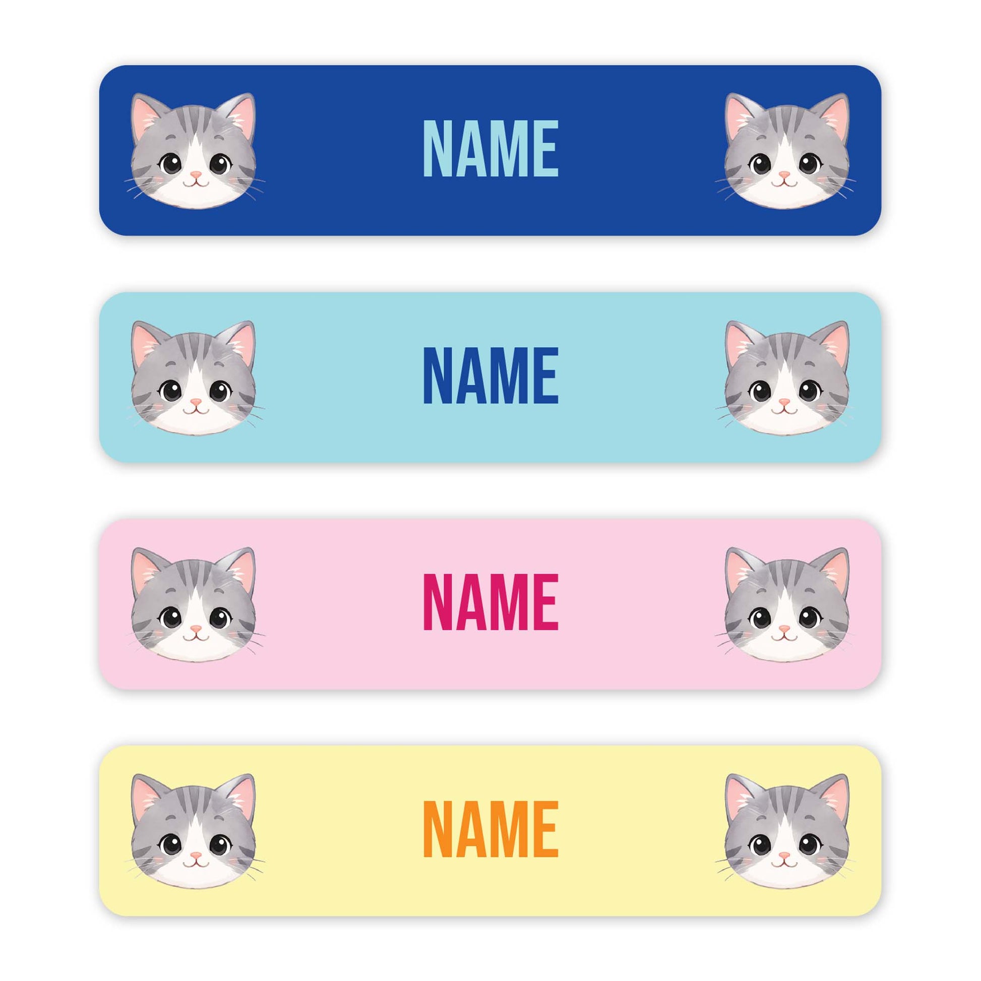Four horizontal rectangular labels with rounded corners on a white background. Each label has a different pastel color: dark blue, light blue, pink, and pale yellow.
