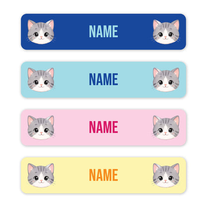 Four horizontal rectangular labels with rounded corners on a white background. Each label has a different pastel color: dark blue, light blue, pink, and pale yellow.