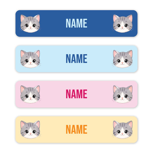 Four horizontal rectangular labels with rounded corners on a white background. Each label has a different pastel color: dark blue, light blue, pink, and pale yellow.