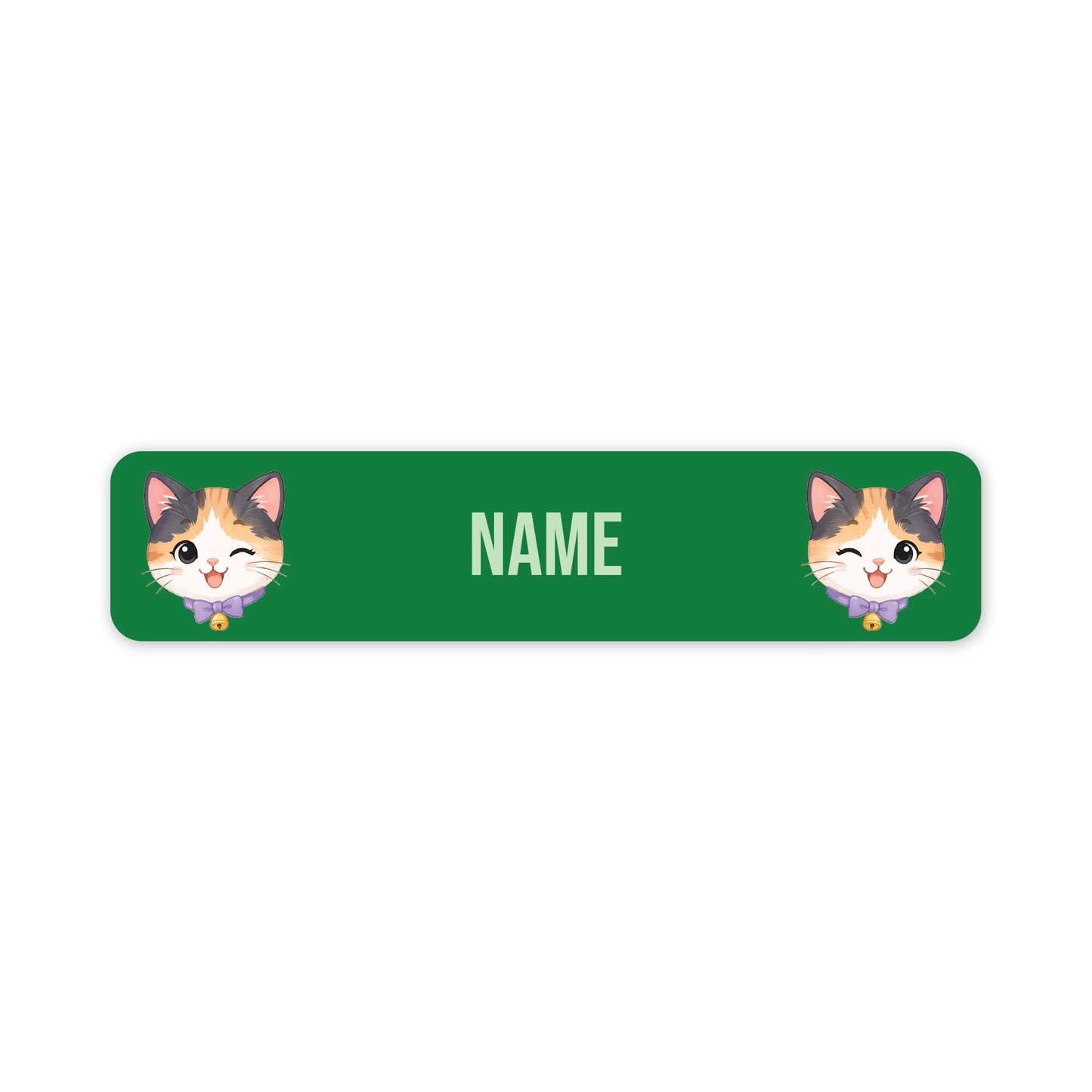 A green rectangular name tag with rounded corners, featuring two cartoon calico cat faces on the left and right sides and the word 'NAME' in the center for personalisation.