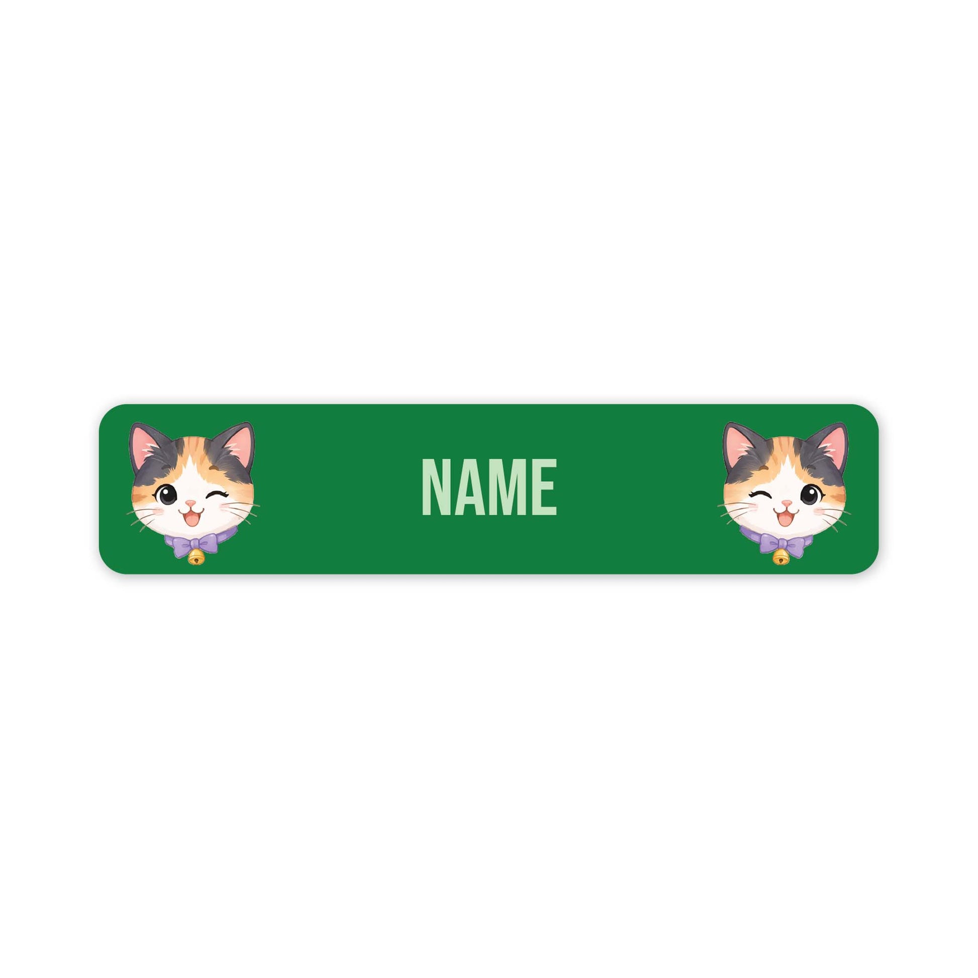 A green rectangular name tag with rounded corners, featuring two cartoon calico cat faces on the left and right sides and the word 'NAME' in the center for personalisation.