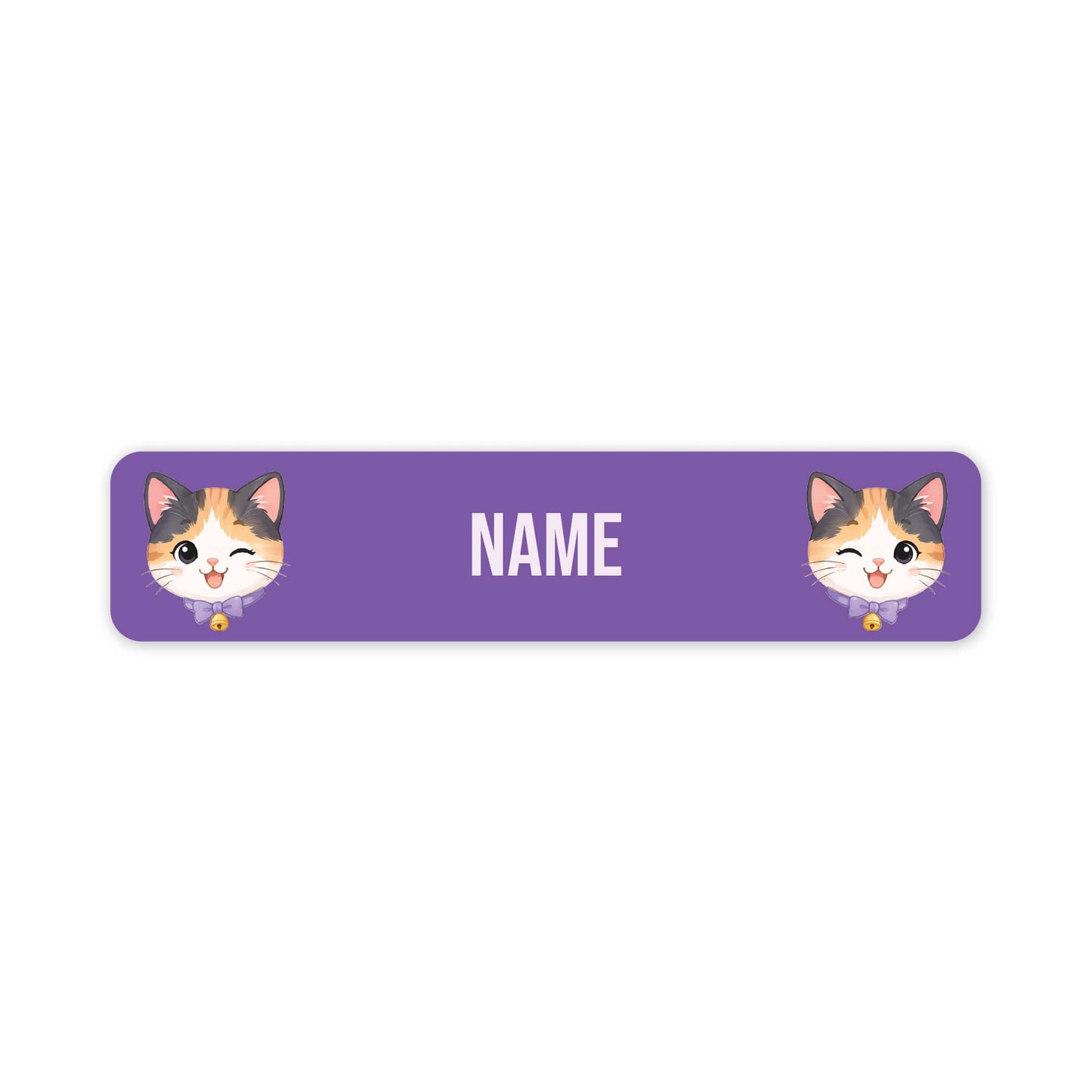 A purple rectangular name label with rounded corners, featuring two cartoon calico cat faces at the left and right edges and the word 'NAME' in white centered on the label.