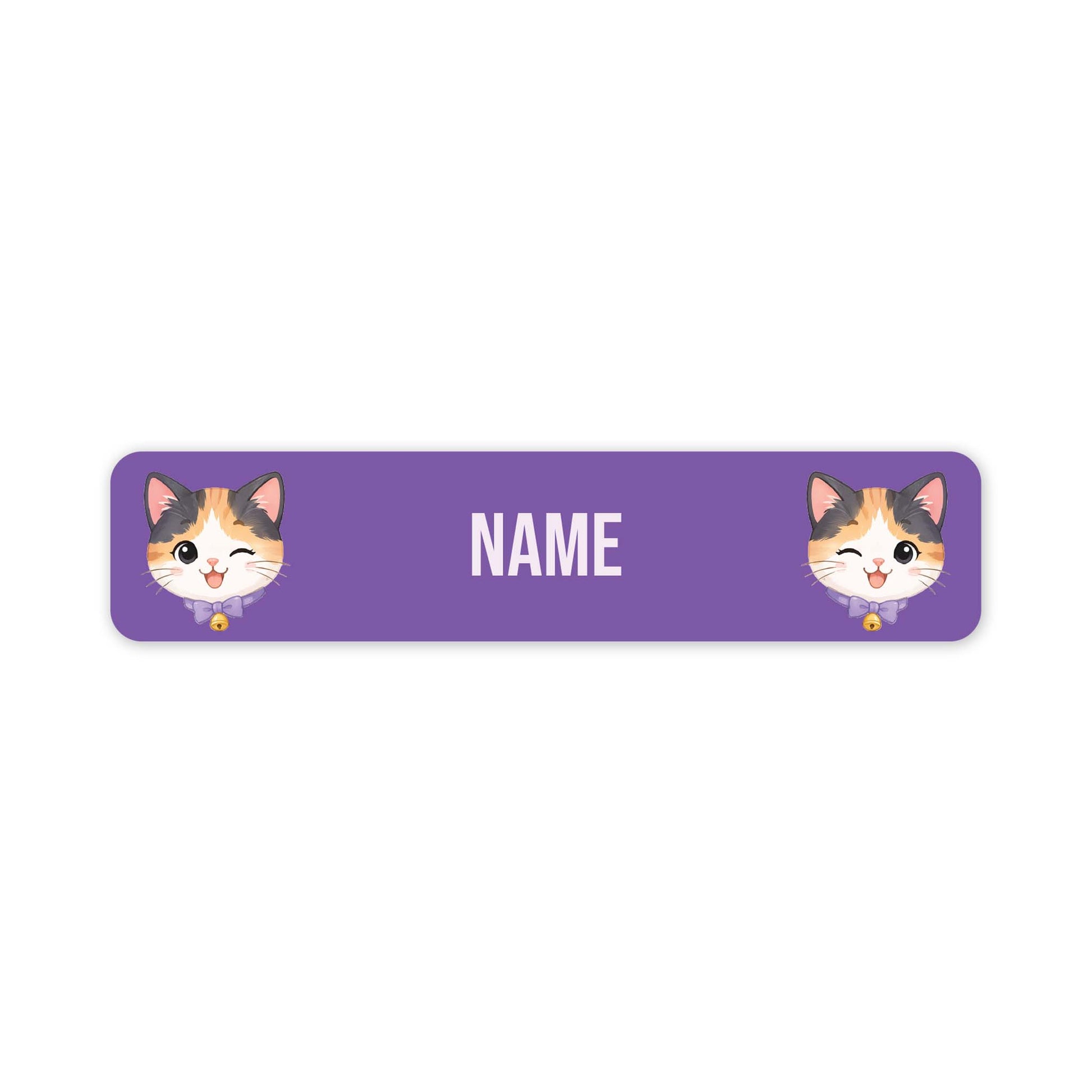 A purple rectangular name label with rounded corners, featuring two cartoon calico cat faces at the left and right edges and the word 'NAME' in white centered on the label.