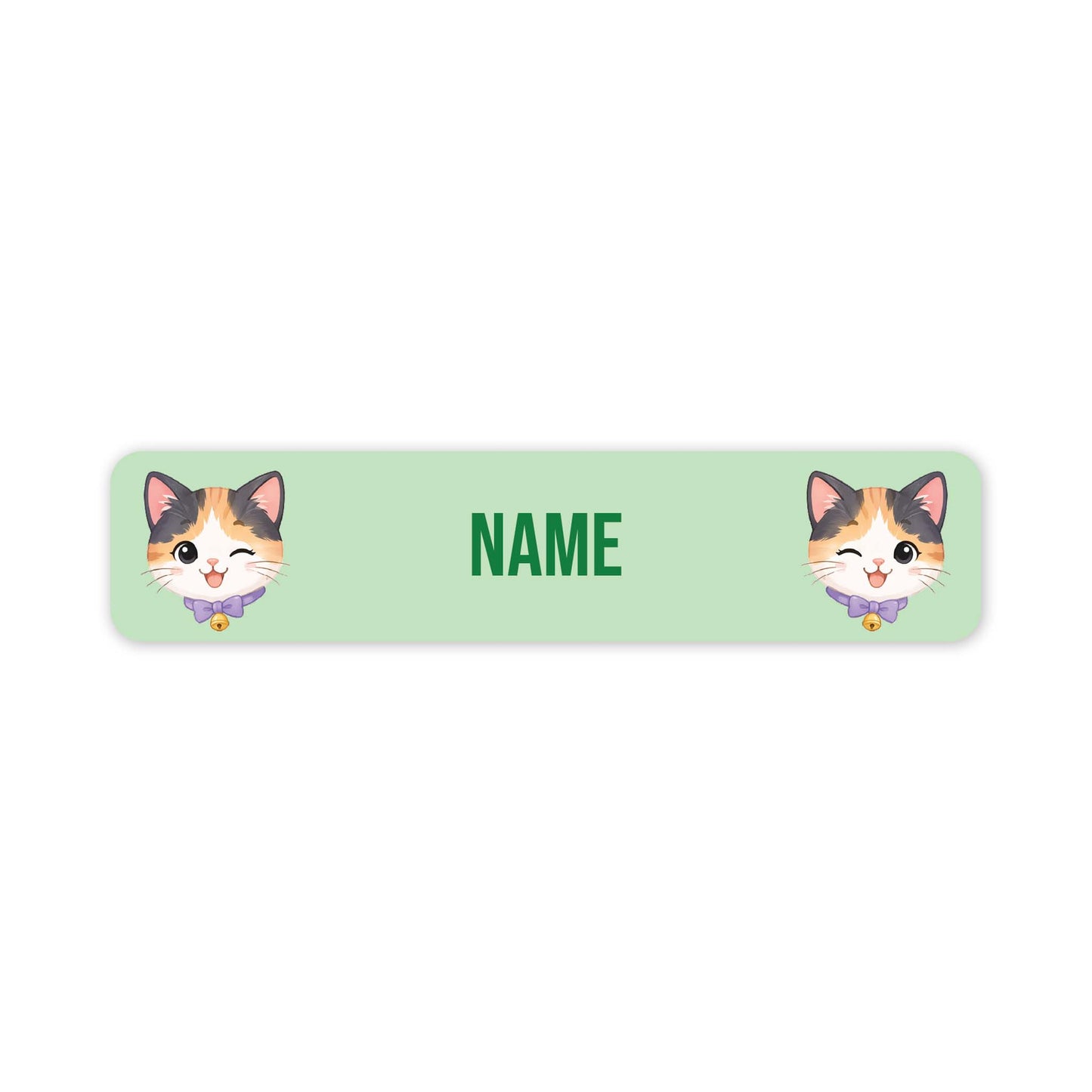 A personalised rectangular label with rounded corners, featuring a light mint green background, the word 'NAME' in green text in the centre, and two cartoon calico cat faces on the left and right sides.
