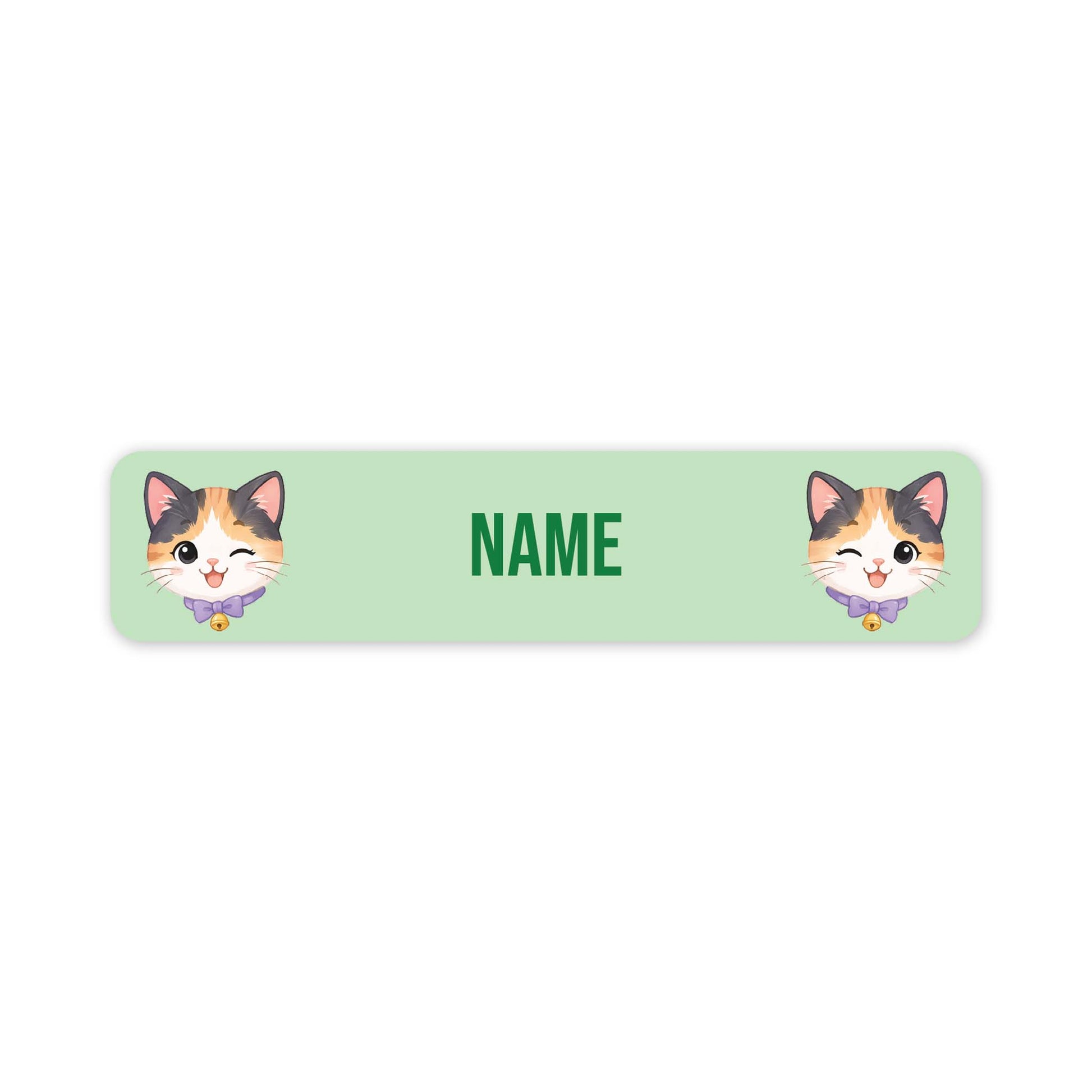 A personalised rectangular label with rounded corners, featuring a light mint green background, the word 'NAME' in green text in the centre, and two cartoon calico cat faces on the left and right sides.