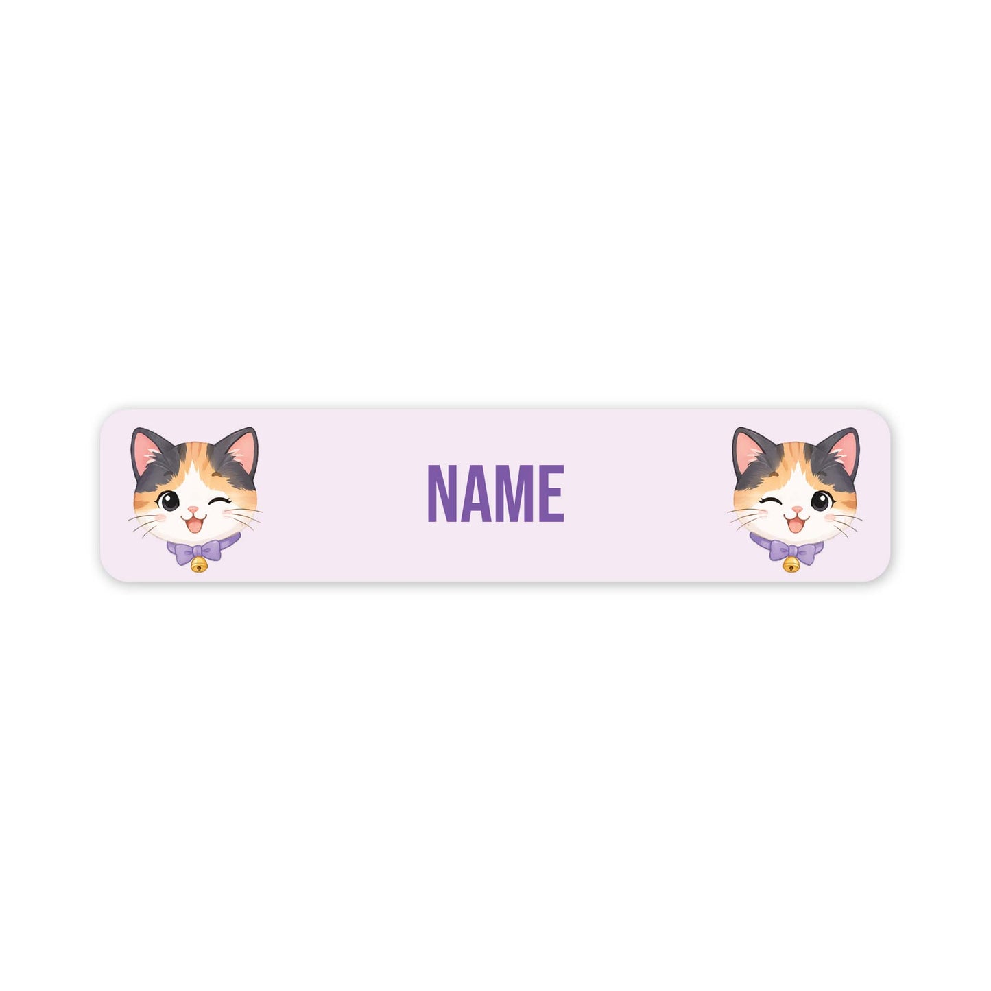 A horizontal light pink personalised name label with rounded corners, featuring two cartoon calico cat faces on the left and right sides and the word 'NAME' in purple in the centre.