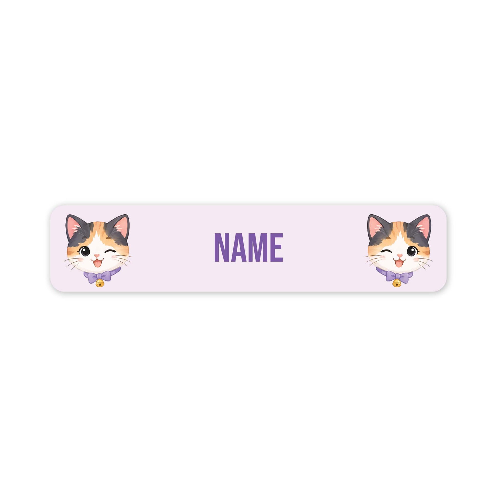A horizontal light pink personalised name label with rounded corners, featuring two cartoon calico cat faces on the left and right sides and the word 'NAME' in purple in the centre.