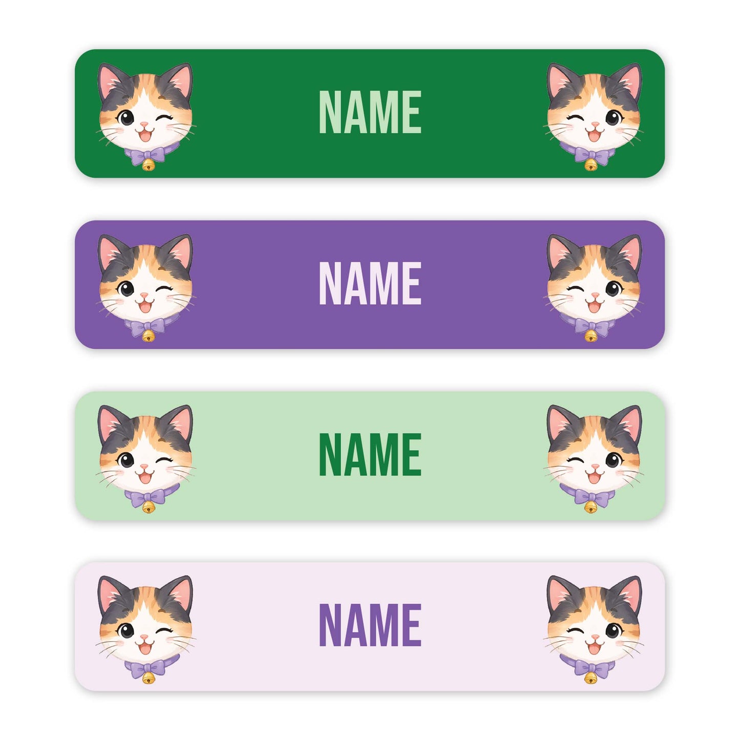 Four horizontal rectangular labels with rounded corners on a white background. Each label has a different pastel color: green, purple, light green, and pale pink.