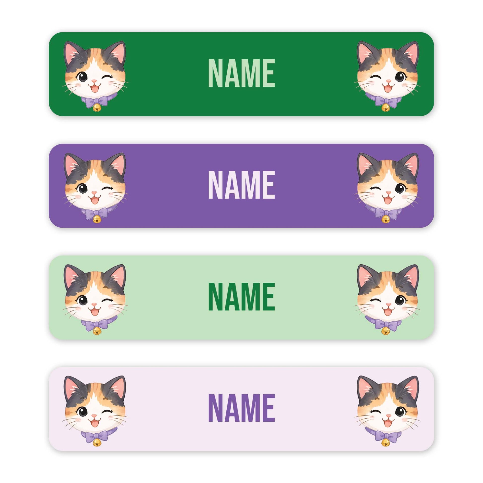 Four horizontal rectangular labels with rounded corners on a white background. Each label has a different pastel color: green, purple, light green, and pale pink.