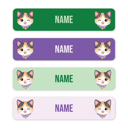 Four horizontal rectangular labels with rounded corners on a white background. Each label has a different pastel color: green, purple, light green, and pale pink.