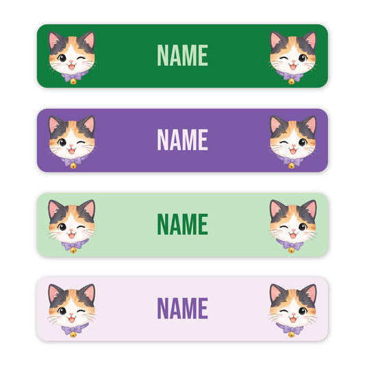 Four horizontal rectangular labels with rounded corners on a white background. Each label has a different pastel color: green, purple, light green, and pale pink.