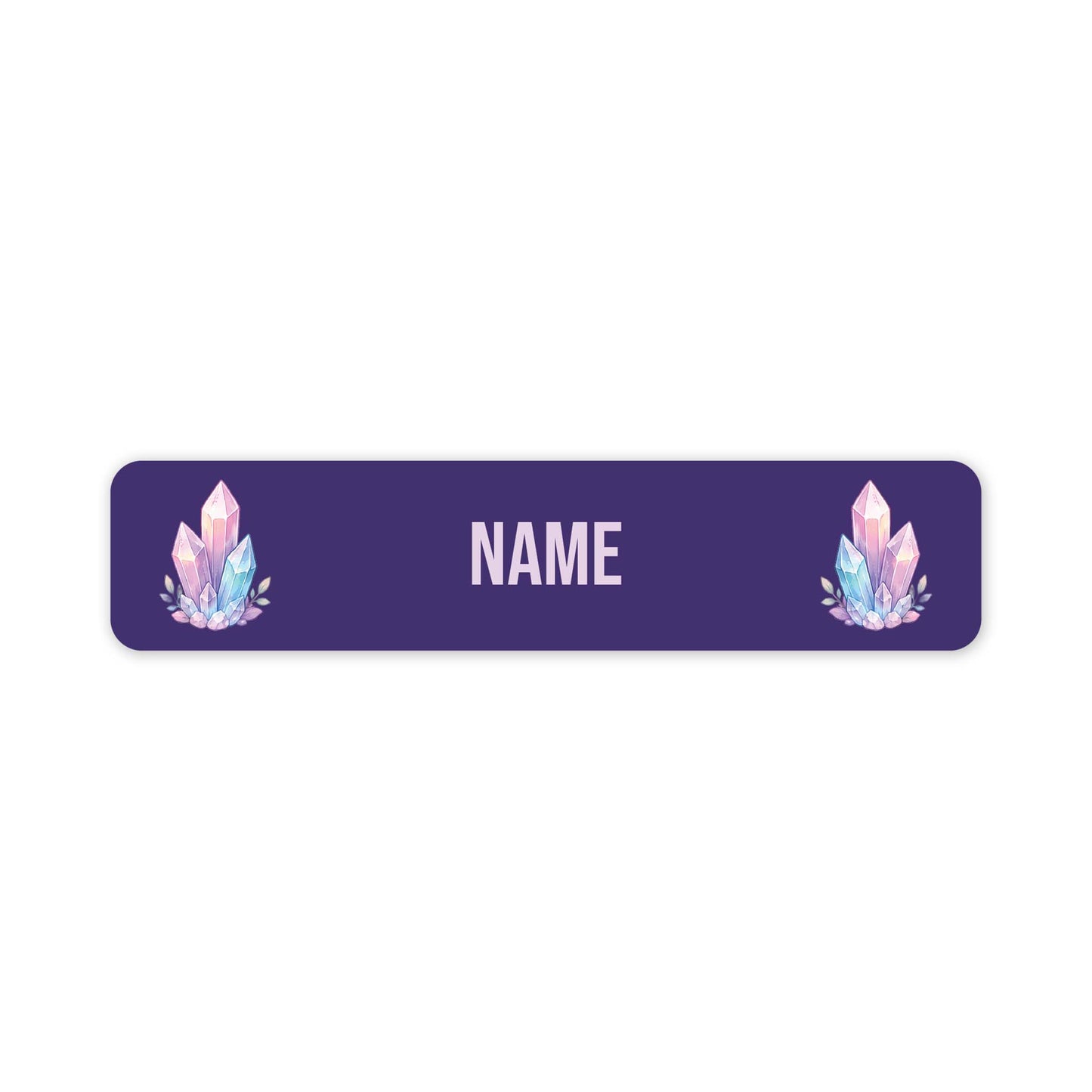 A horizontal rectangular name label with rounded corners, featuring a dark purple background, customisable 'NAME' in the centre, and two matching pastel crystal illustrations on the left and right sides.