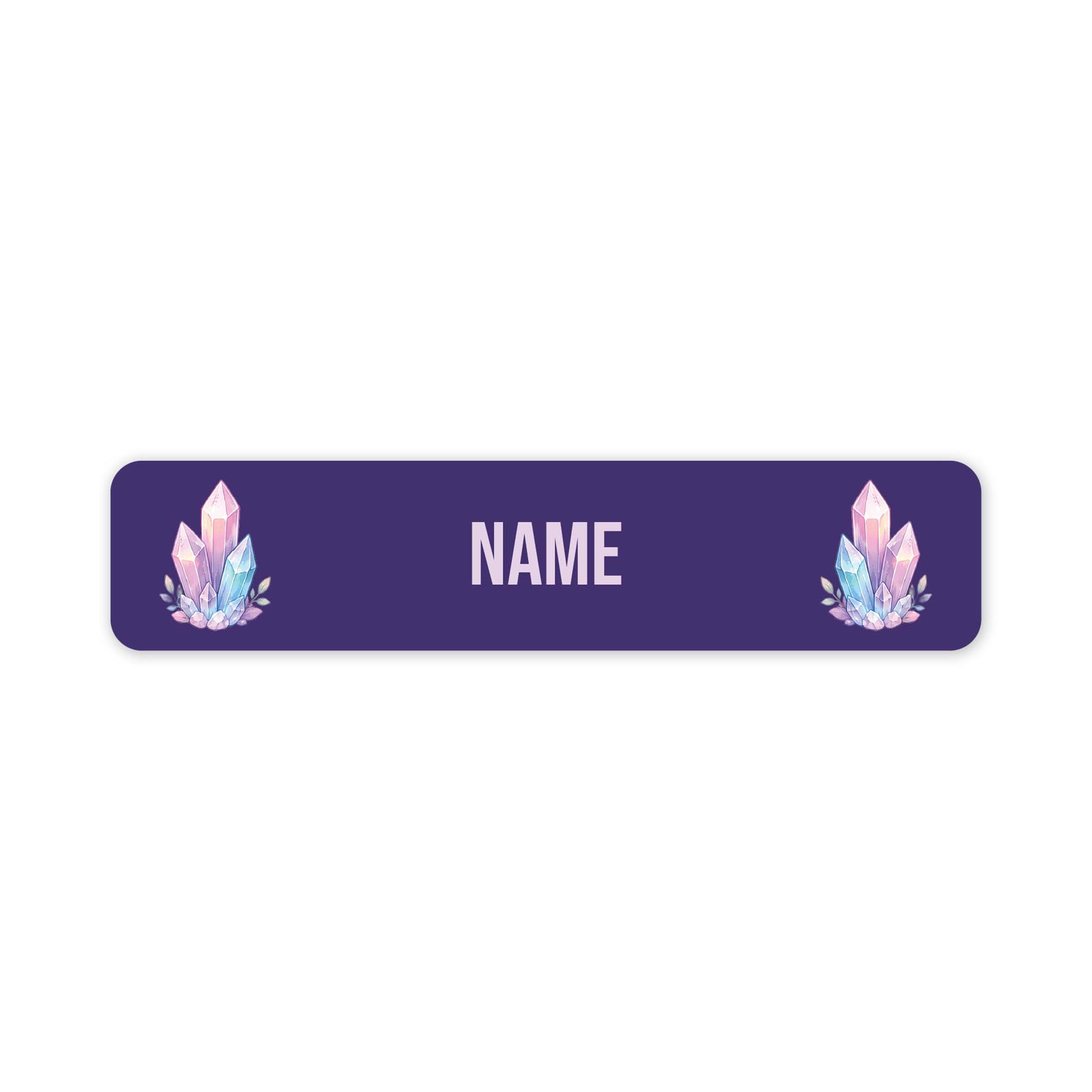 A horizontal rectangular name label with rounded corners, featuring a dark purple background, customisable 'NAME' in the centre, and two matching pastel crystal illustrations on the left and right sides.