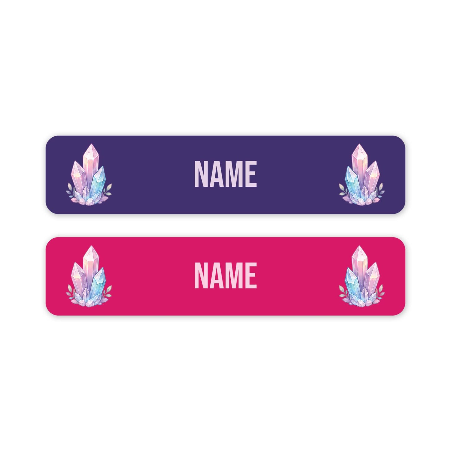 Two horizontal rectangular name tags on a white background, one dark purple and one bright pink, each with rounded corners, customisable 'NAME' text in the centre, and a pastel crystal illustration near the left and right edges.