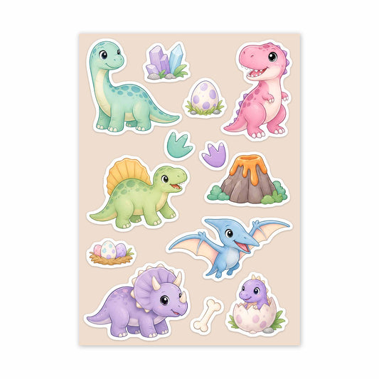Sheet of colorful dinosaur stickers on a beige background