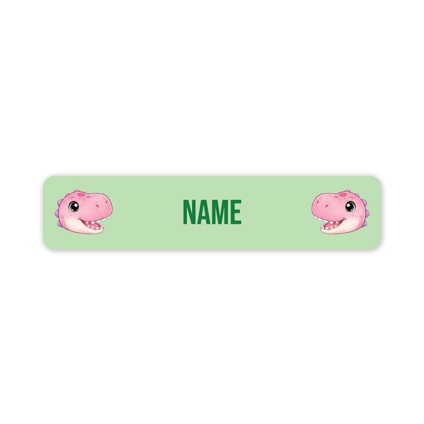 A horizontal light green personalized name label with rounded corners, featuring two pink cartoon dinosaur faces on the left and right sides and the word 'NAME' in green in the center.