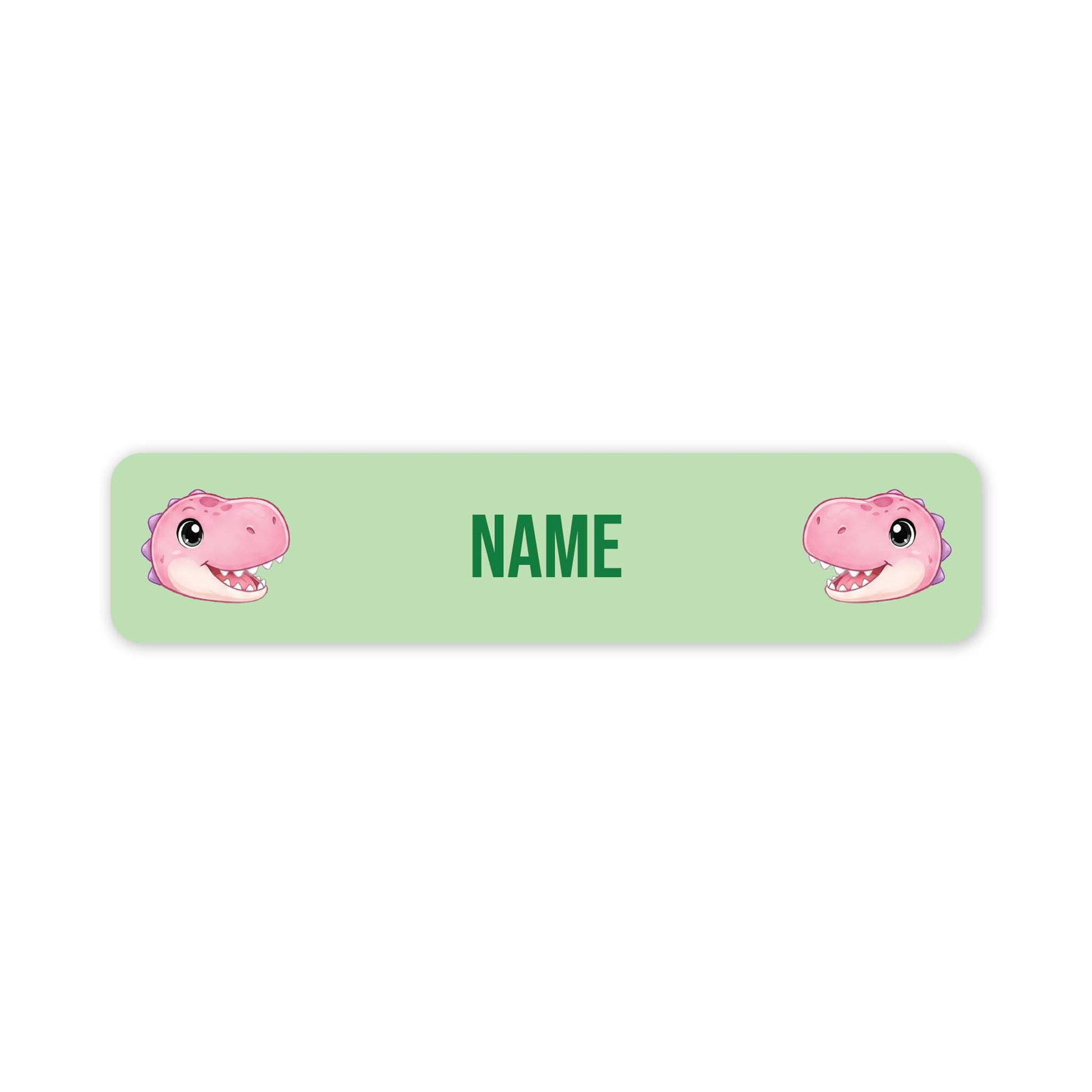A horizontal light green personalized name label with rounded corners, featuring two pink cartoon dinosaur faces on the left and right sides and the word 'NAME' in green in the center.