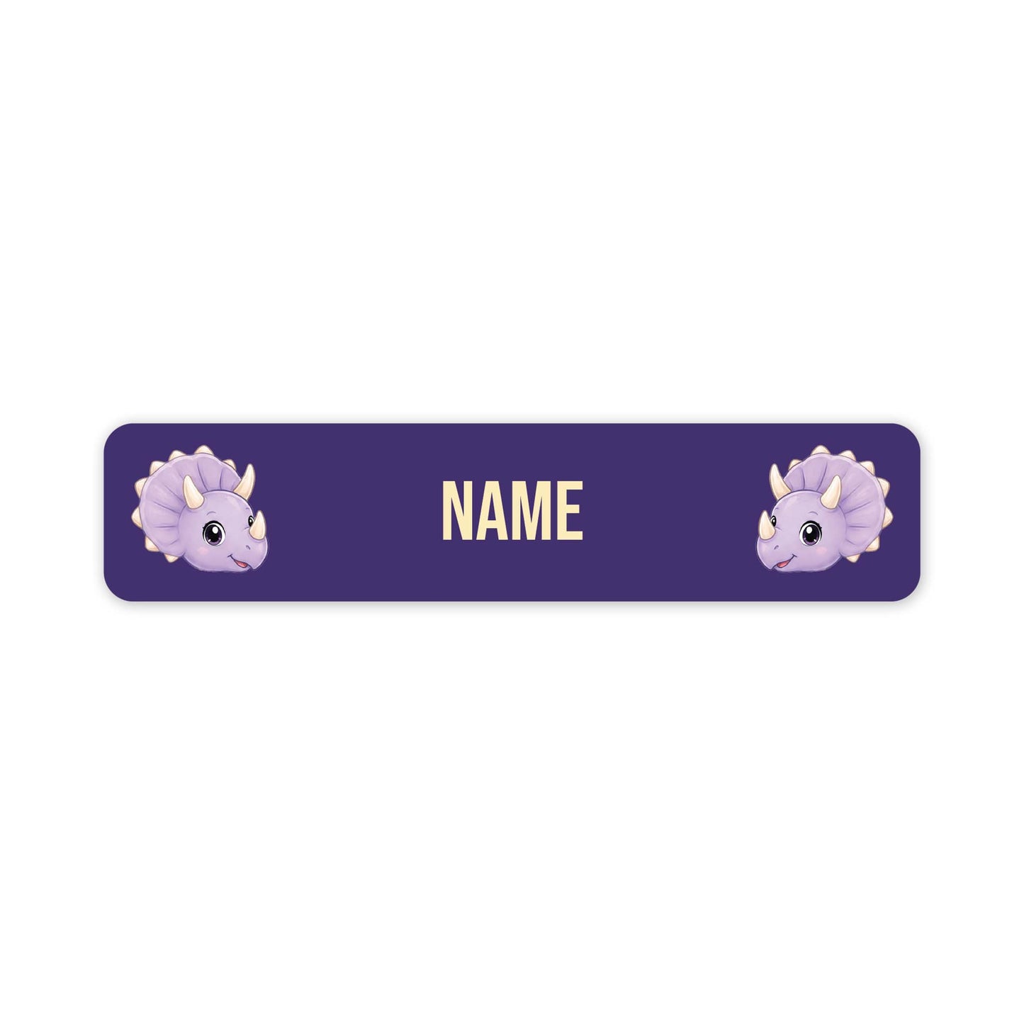 A horizontal purple personalized name label with rounded corners, featuring two cute light purple cartoon triceratops dinosaur faces on the left and right sides and the word 'NAME' in the center in a pale yellow font.
