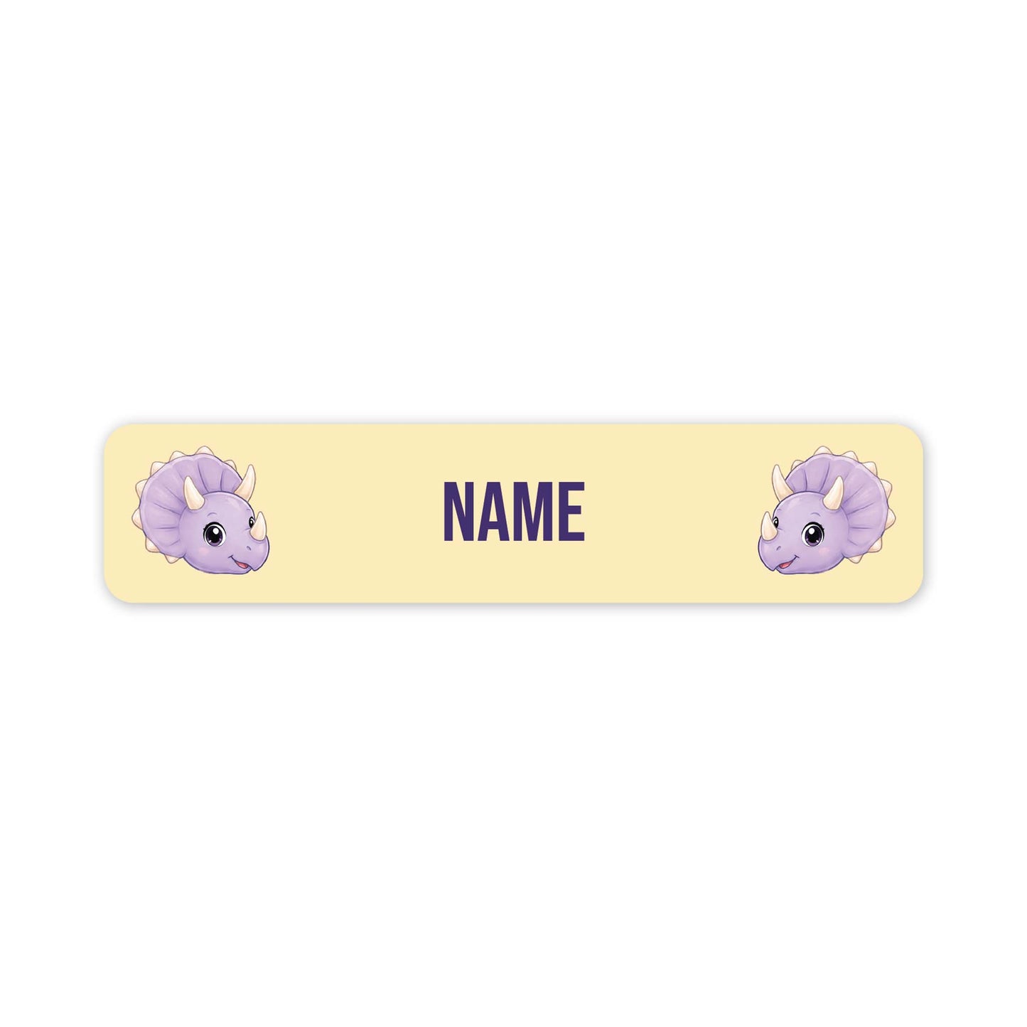 A horizontal pale yellow name label with rounded corners, featuring two cartoon purple triceratops faces at the left and right edges and the word 'NAME' in dark purple text in the center, shown on a white background.
