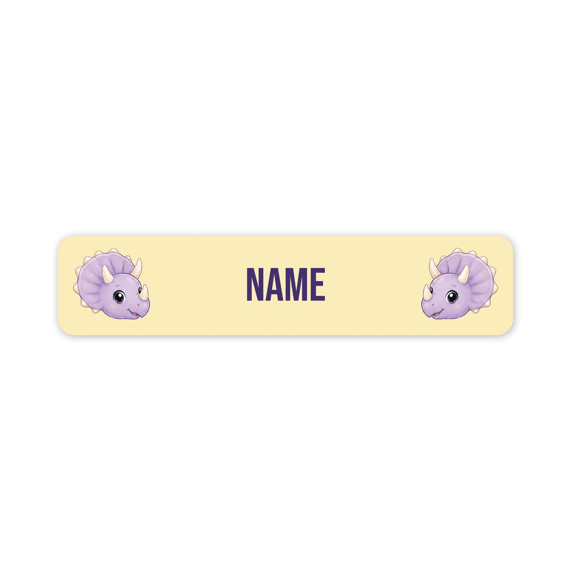 A horizontal pale yellow name label with rounded corners, featuring two cartoon purple triceratops faces at the left and right edges and the word 'NAME' in dark purple text in the center, shown on a white background.