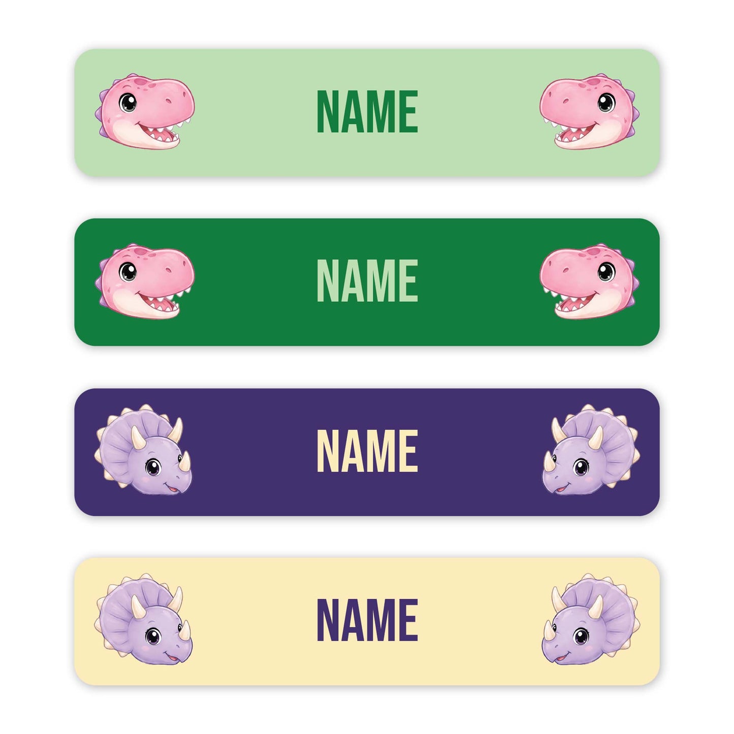 Four horizontal dinosaur-themed name labels on a white background, each with cartoon dinosaur faces and the word NAME in different colors: light green, dark green, purple, and pale yellow.