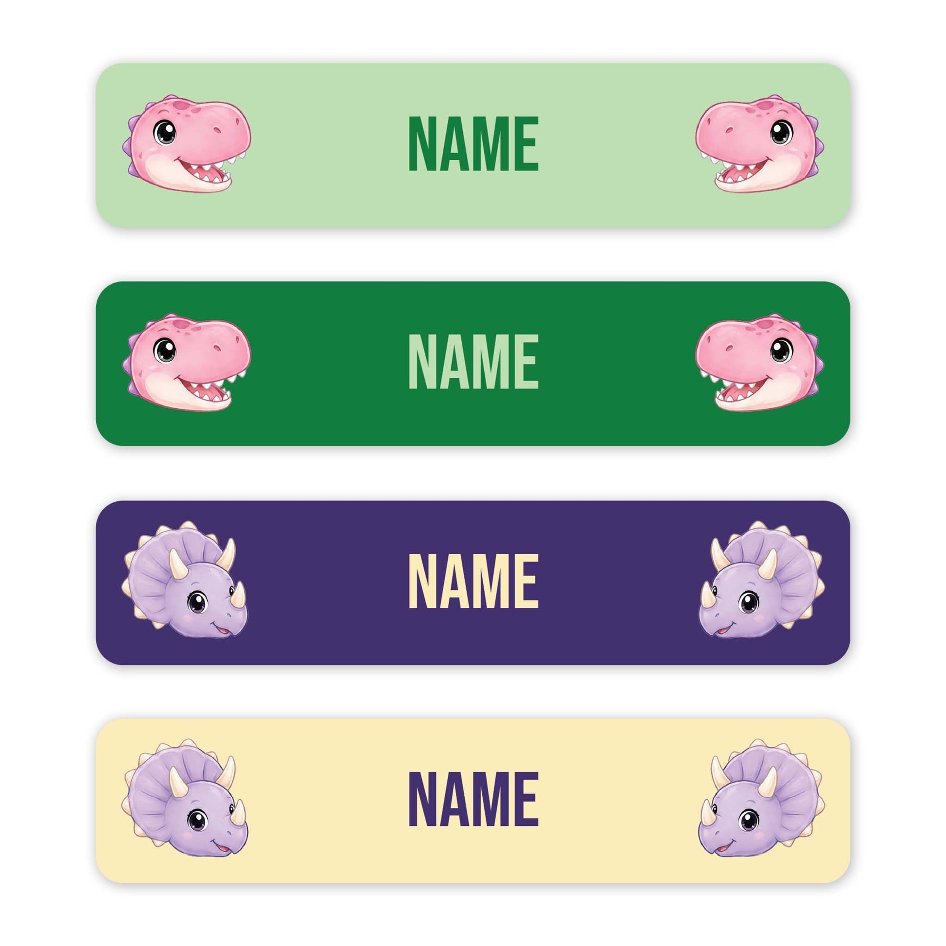 Four horizontal dinosaur-themed name labels on a white background, each with cartoon dinosaur faces and the word NAME in different colors: light green, dark green, purple, and pale yellow.