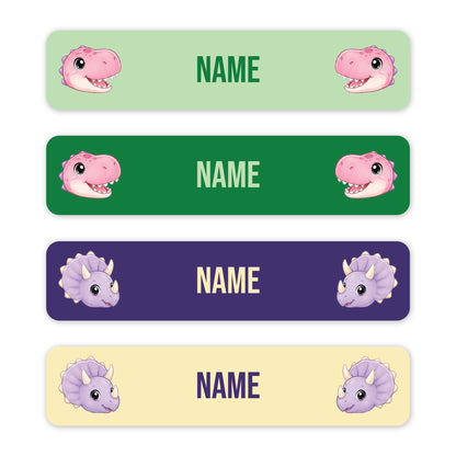 Four horizontal dinosaur-themed name labels on a white background, each with cartoon dinosaur faces and the word NAME in different colors: light green, dark green, purple, and pale yellow.