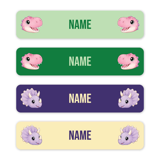 Four horizontal dinosaur-themed name labels on a white background, each with cartoon dinosaur faces and the word NAME in different colors: light green, dark green, purple, and pale yellow.