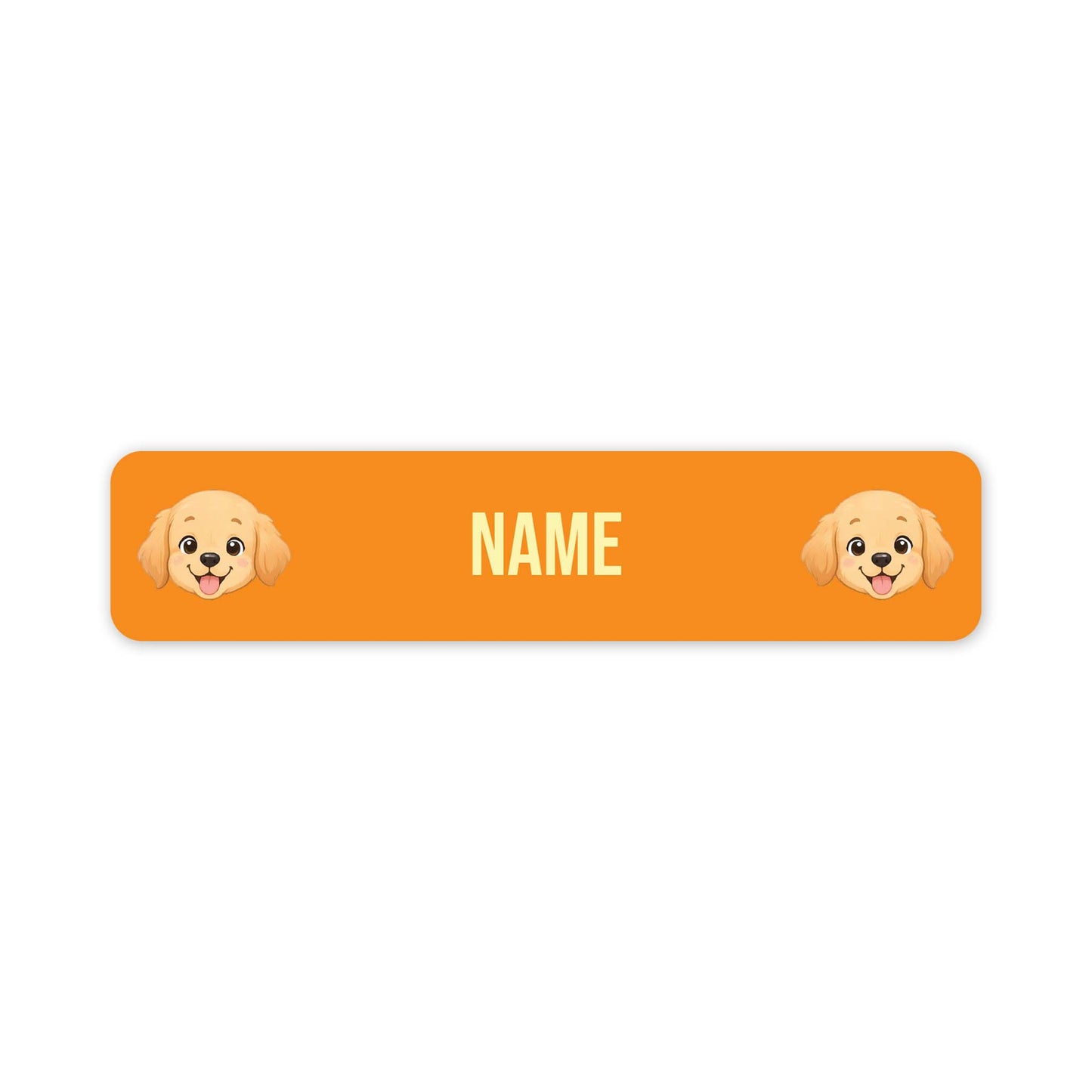 An orange rectangular label with rounded corners, featuring two cartoon puppy faces at the left and right edges and the word 'NAME' in the centre, shown on a plain white background.