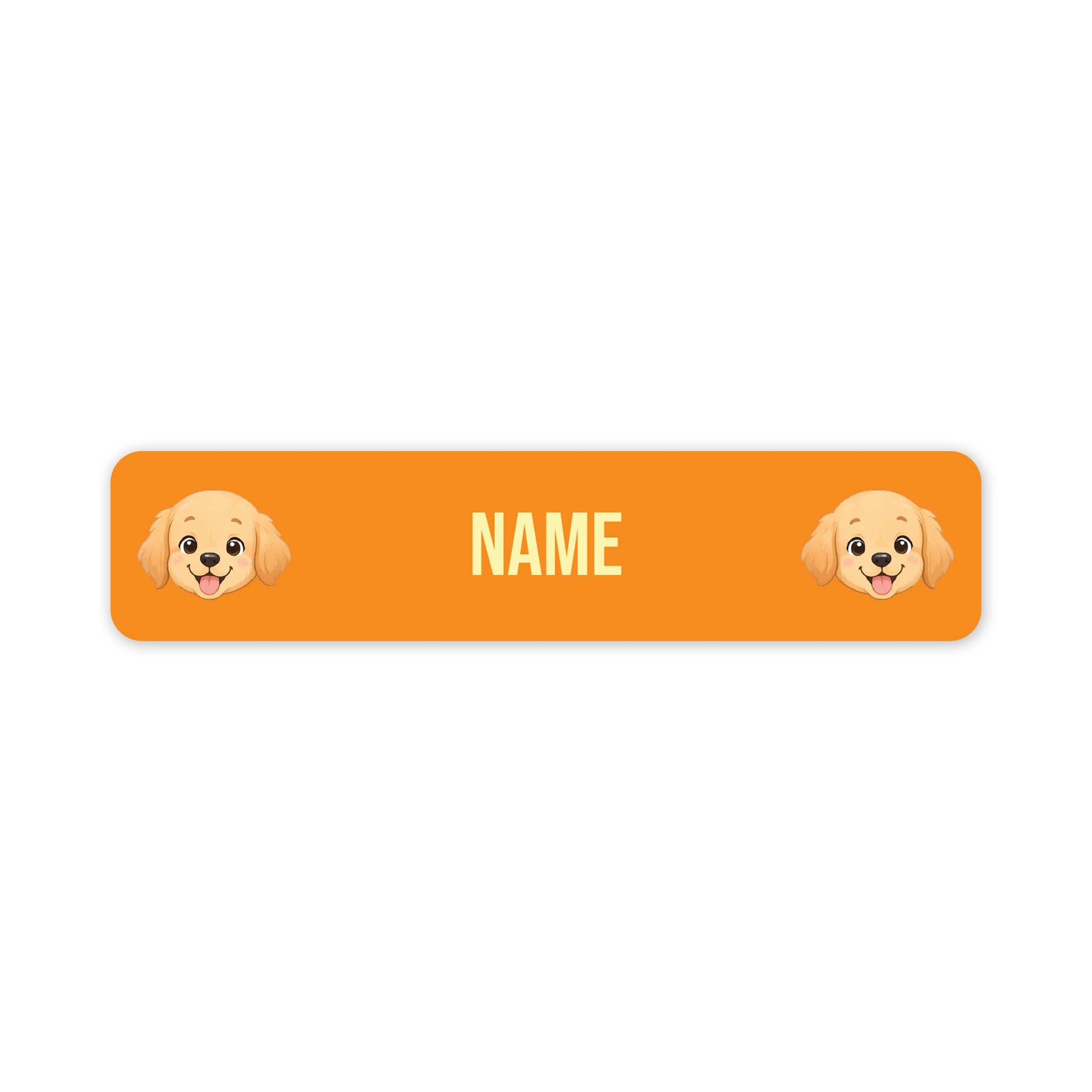 An orange rectangular label with rounded corners, featuring two cartoon puppy faces at the left and right edges and the word 'NAME' in the centre, shown on a plain white background.