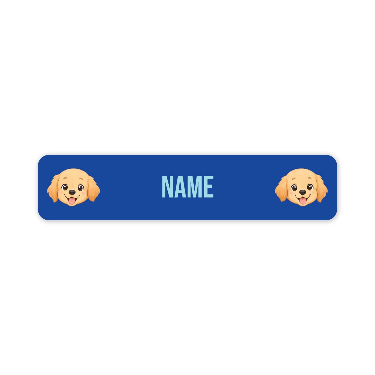 A blue rectangular custom name tag with rounded corners, featuring two cartoon golden retriever dog faces on the sides and the word 'NAME' in light blue in the centre, shown on a plain white background.