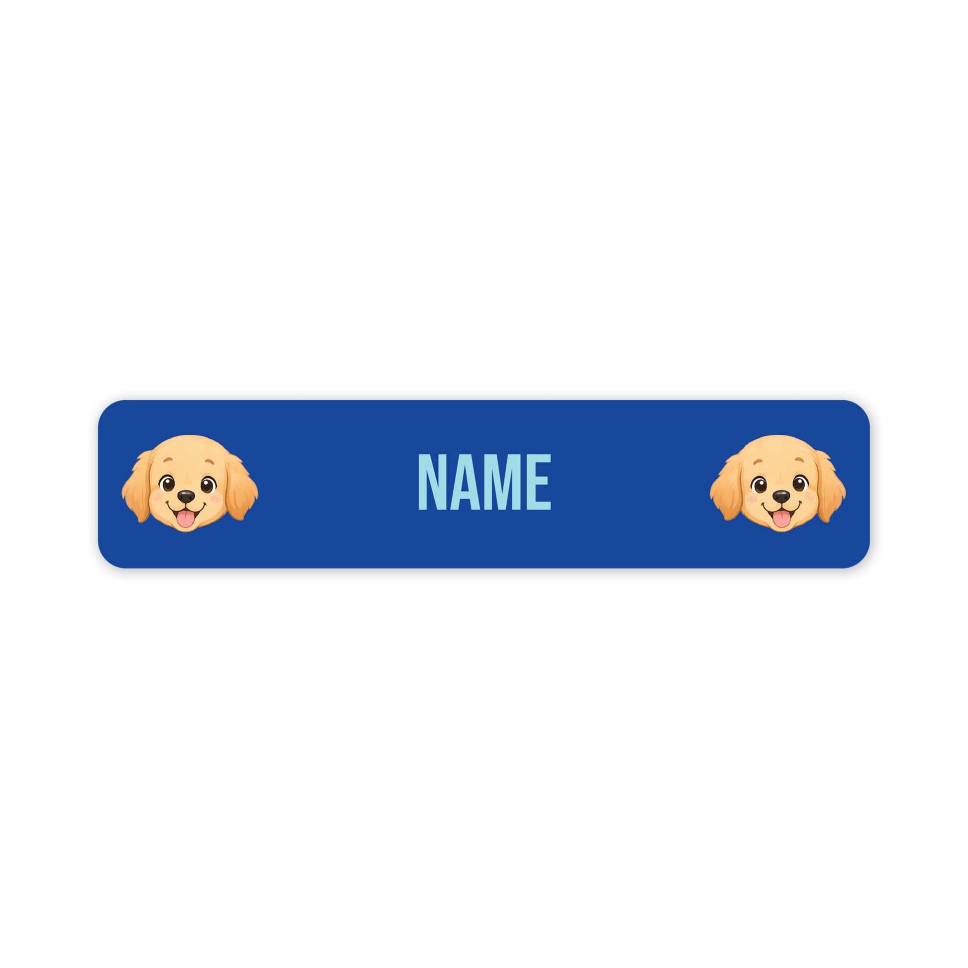 A blue rectangular custom name tag with rounded corners, featuring two cartoon golden retriever dog faces on the sides and the word 'NAME' in light blue in the centre, shown on a plain white background.