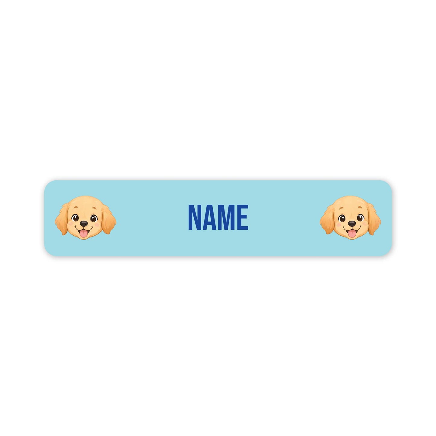 A horizontal light blue personalized name label with rounded corners, featuring two cartoon puppy faces on the left and right sides and the word 'NAME' in blue text in the center, shown on a white background.